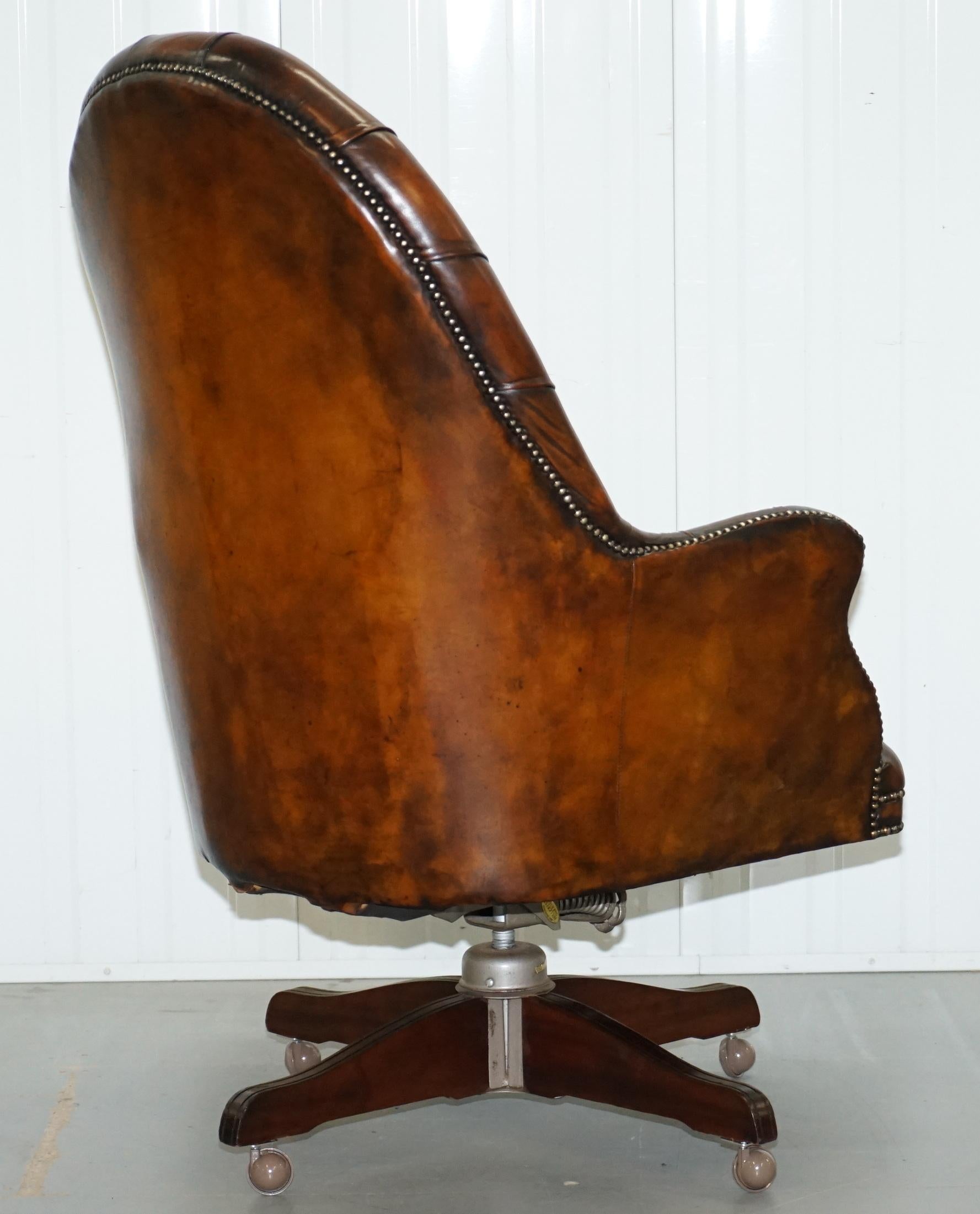 Restored 1900 Chesterfield Porters Back Brown Leather Directors Captains Chair 8