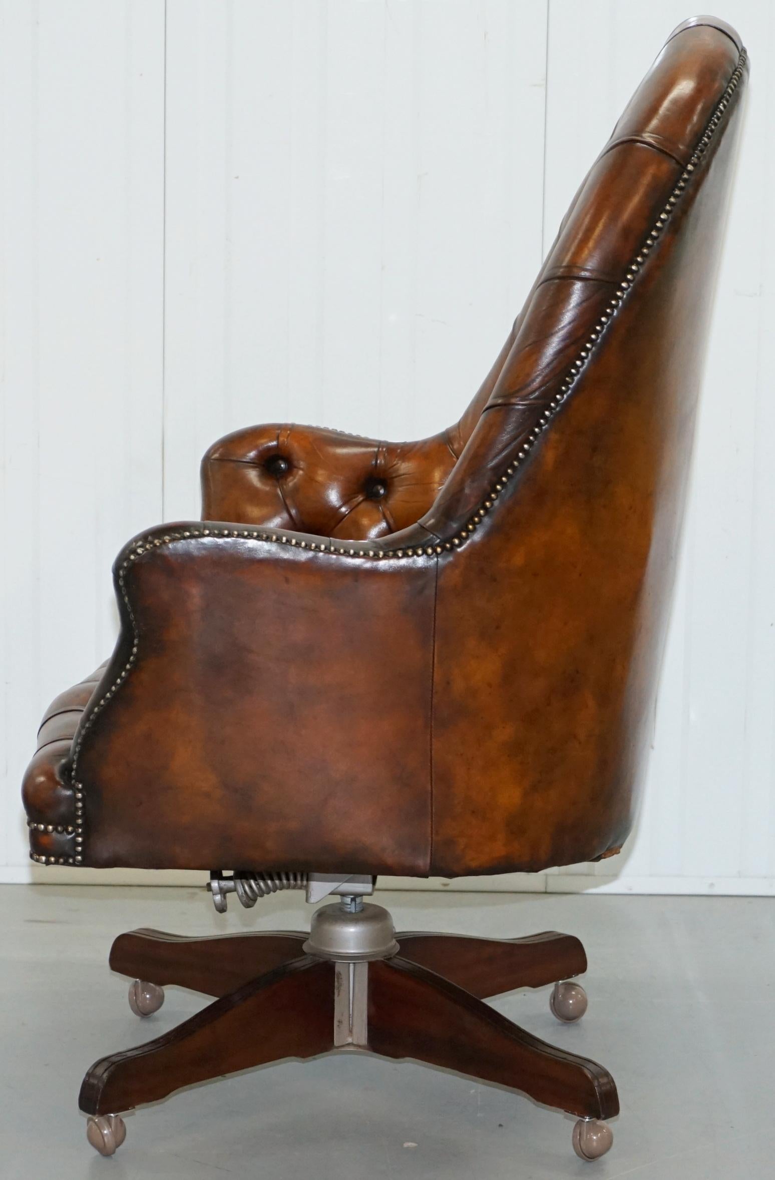 Restored 1900 Chesterfield Porters Back Brown Leather Directors Captains Chair 10