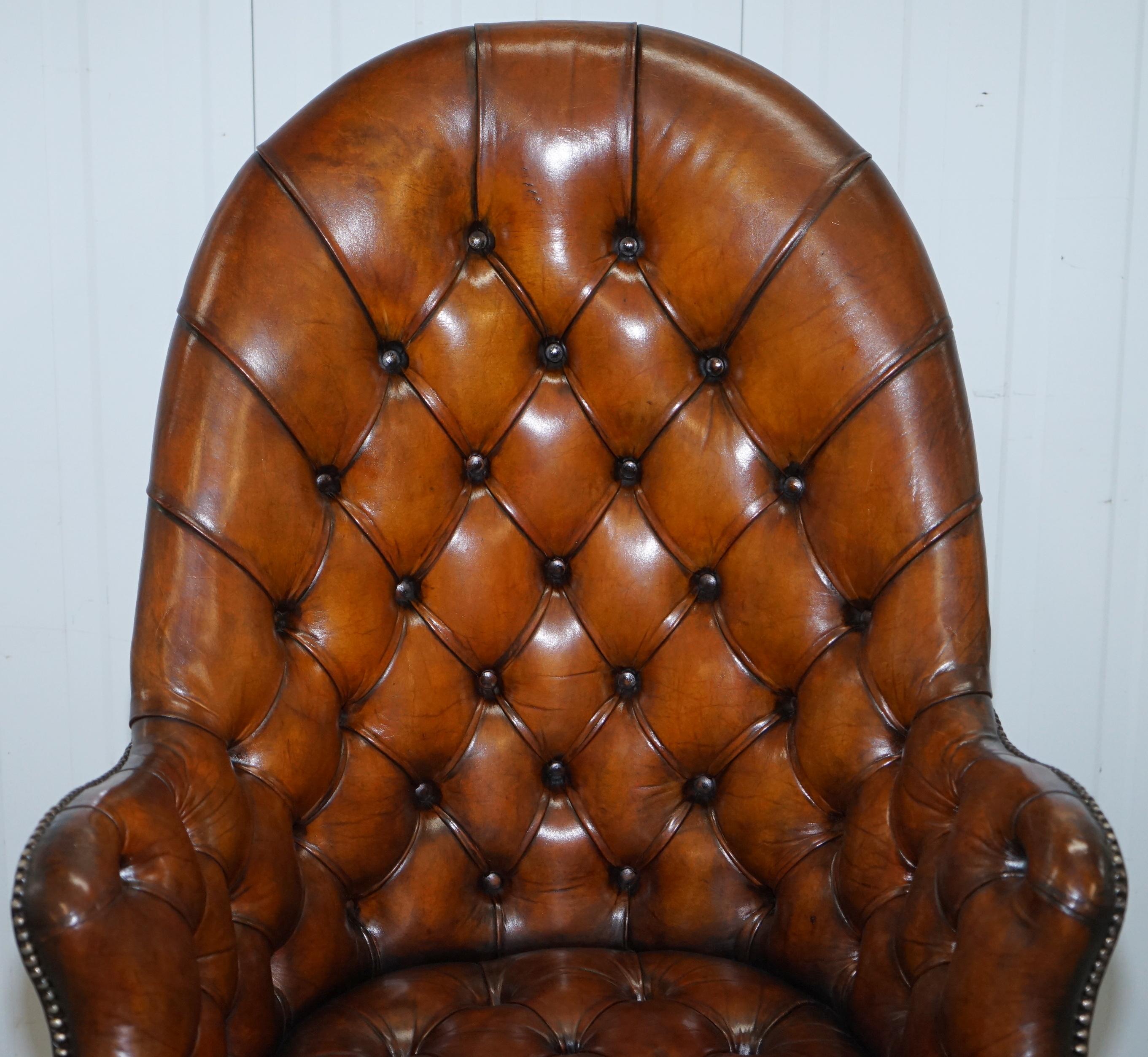English Restored 1900 Chesterfield Porters Back Brown Leather Directors Captains Chair