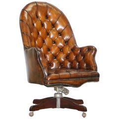 Restored 1900 Chesterfield Porters Back Brown Leather Directors Captains Chair
