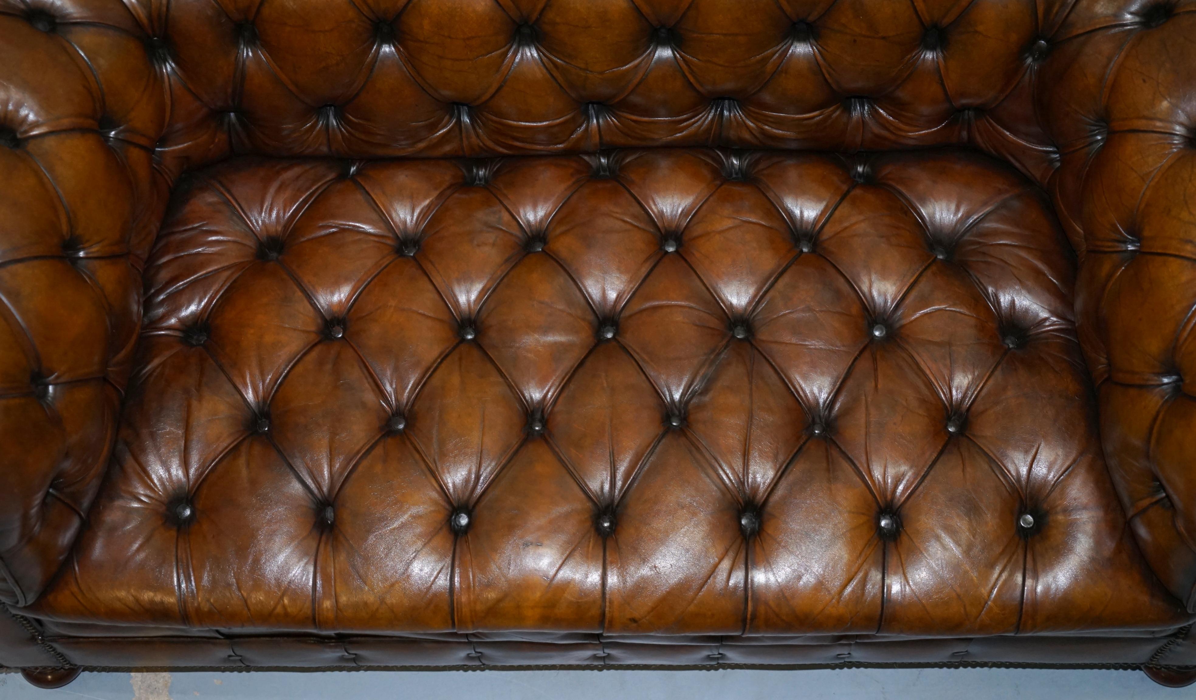 Restored 1900s Chesterfield Buttoned Hand Dyed Brown Leather Sofa Horse Hair 1