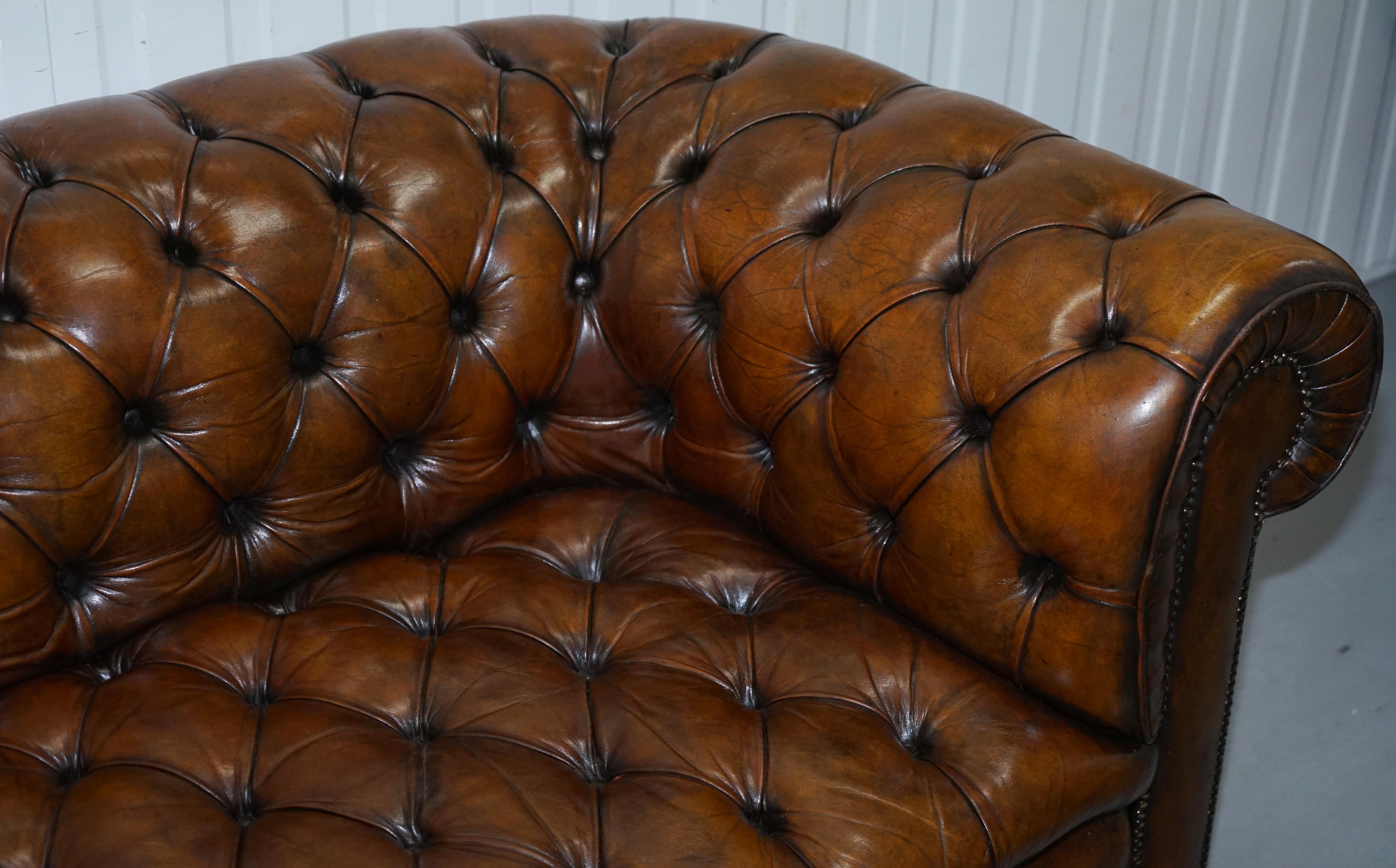 Restored 1900s Chesterfield Buttoned Hand Dyed Brown Leather Sofa Horse Hair 2