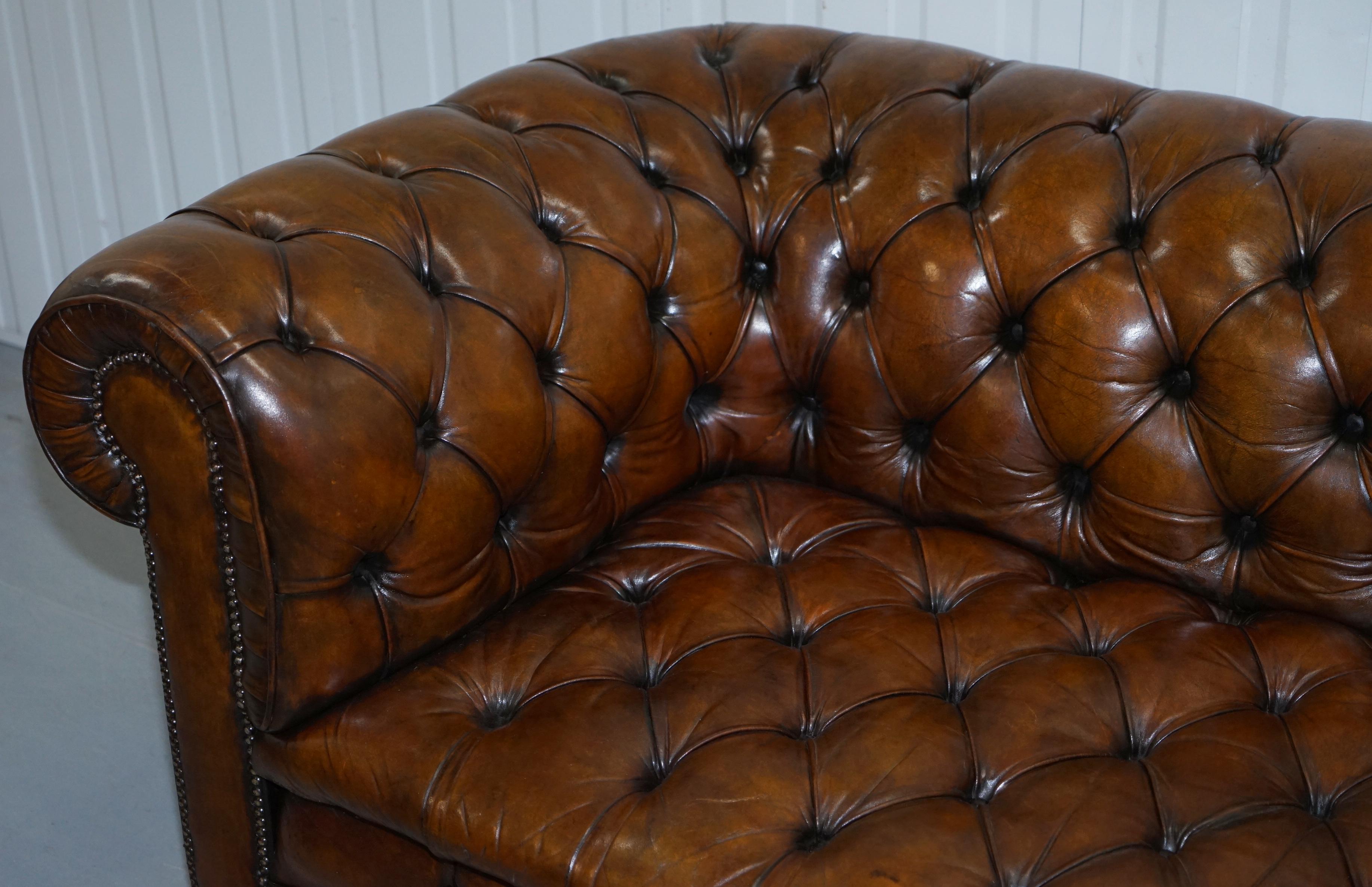 Restored 1900s Chesterfield Buttoned Hand Dyed Brown Leather Sofa Horse Hair 3