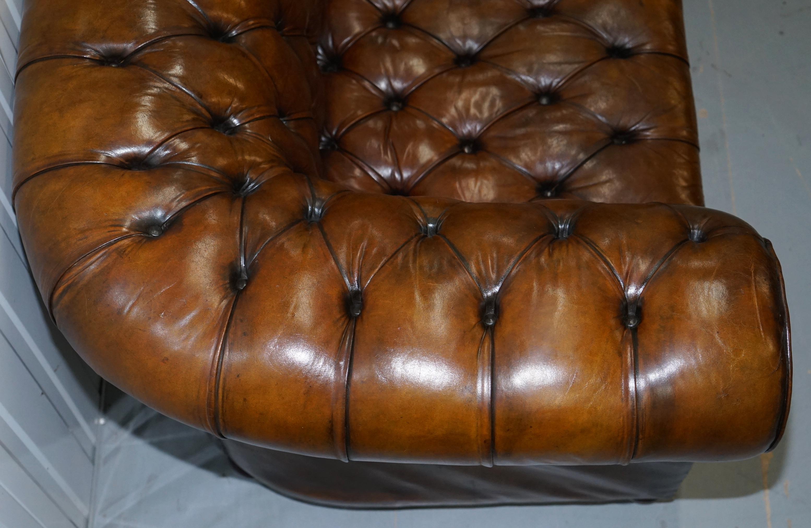 Restored 1900s Chesterfield Buttoned Hand Dyed Brown Leather Sofa Horse Hair 4