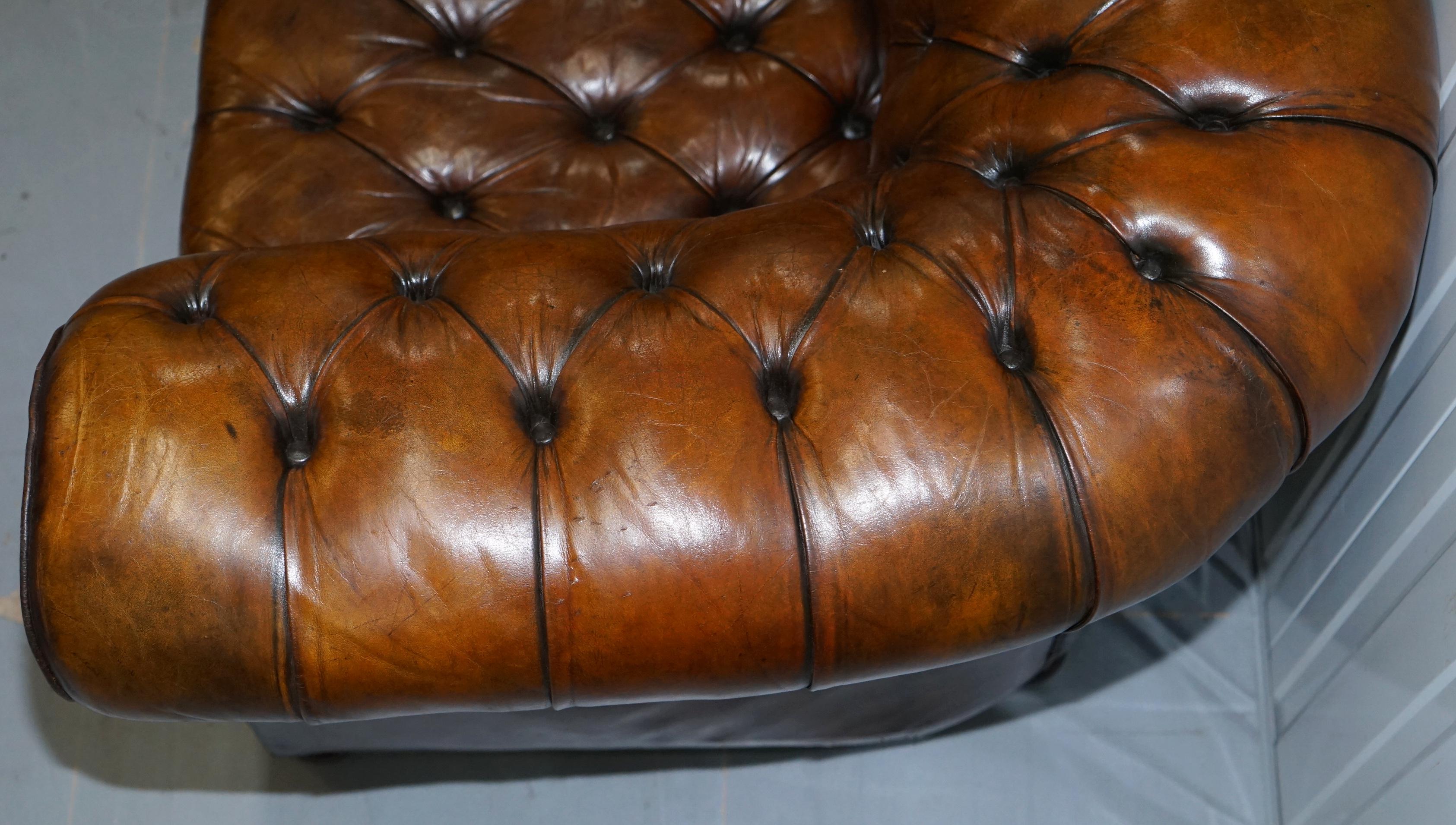 Restored 1900s Chesterfield Buttoned Hand Dyed Brown Leather Sofa Horse Hair 5