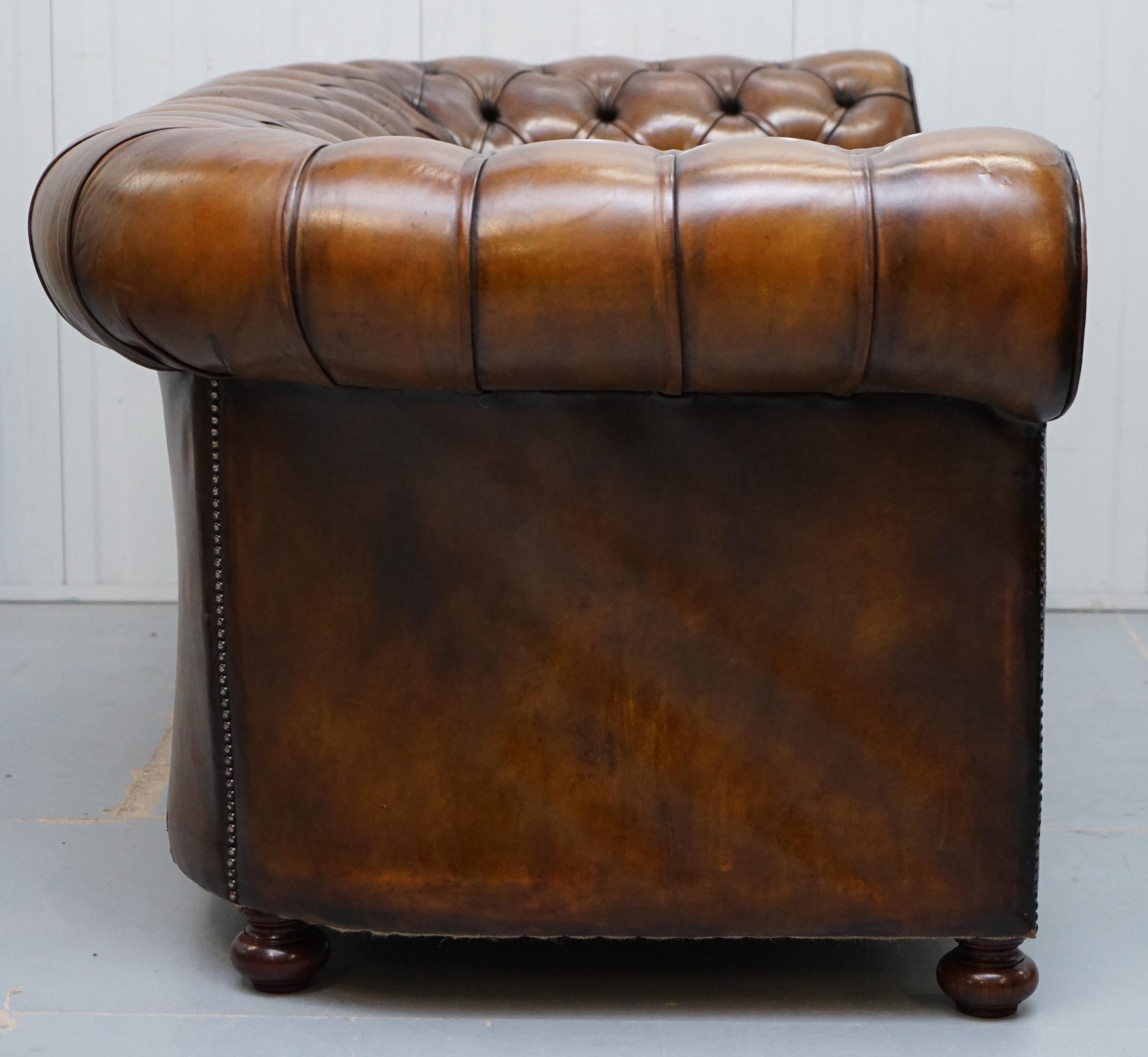 Restored 1900s Chesterfield Buttoned Hand Dyed Brown Leather Sofa Horse Hair 6