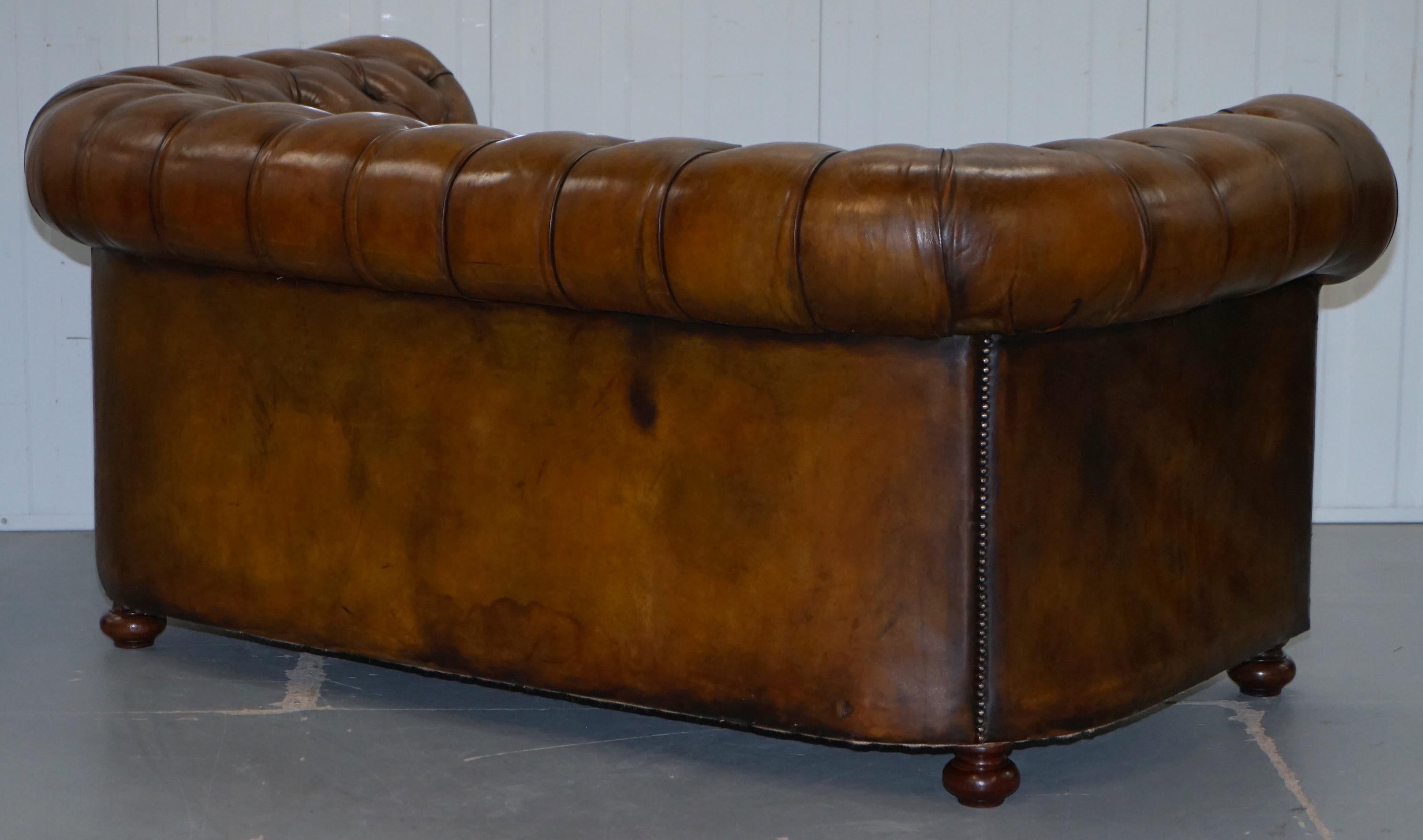 Restored 1900s Chesterfield Buttoned Hand Dyed Brown Leather Sofa Horse Hair 7