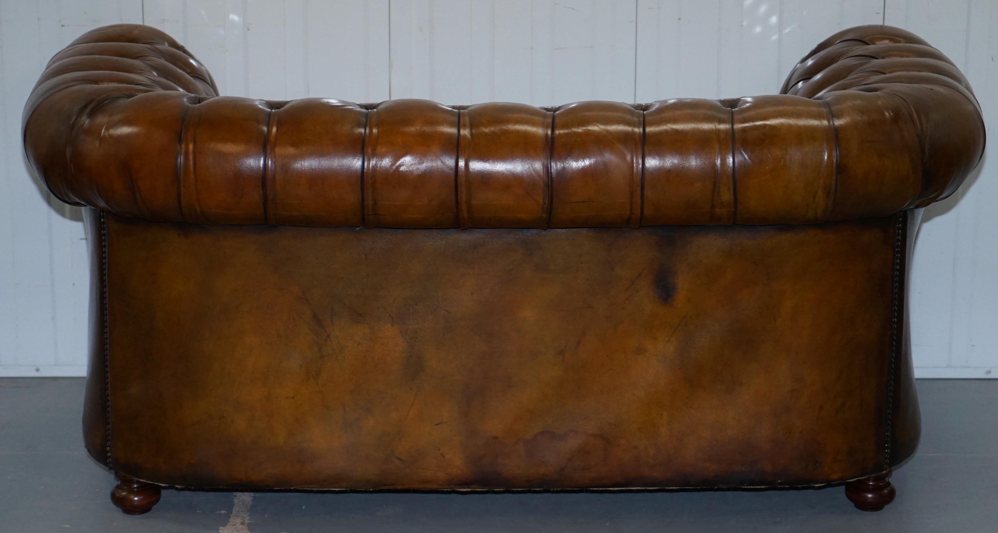 Restored 1900s Chesterfield Buttoned Hand Dyed Brown Leather Sofa Horse Hair 8