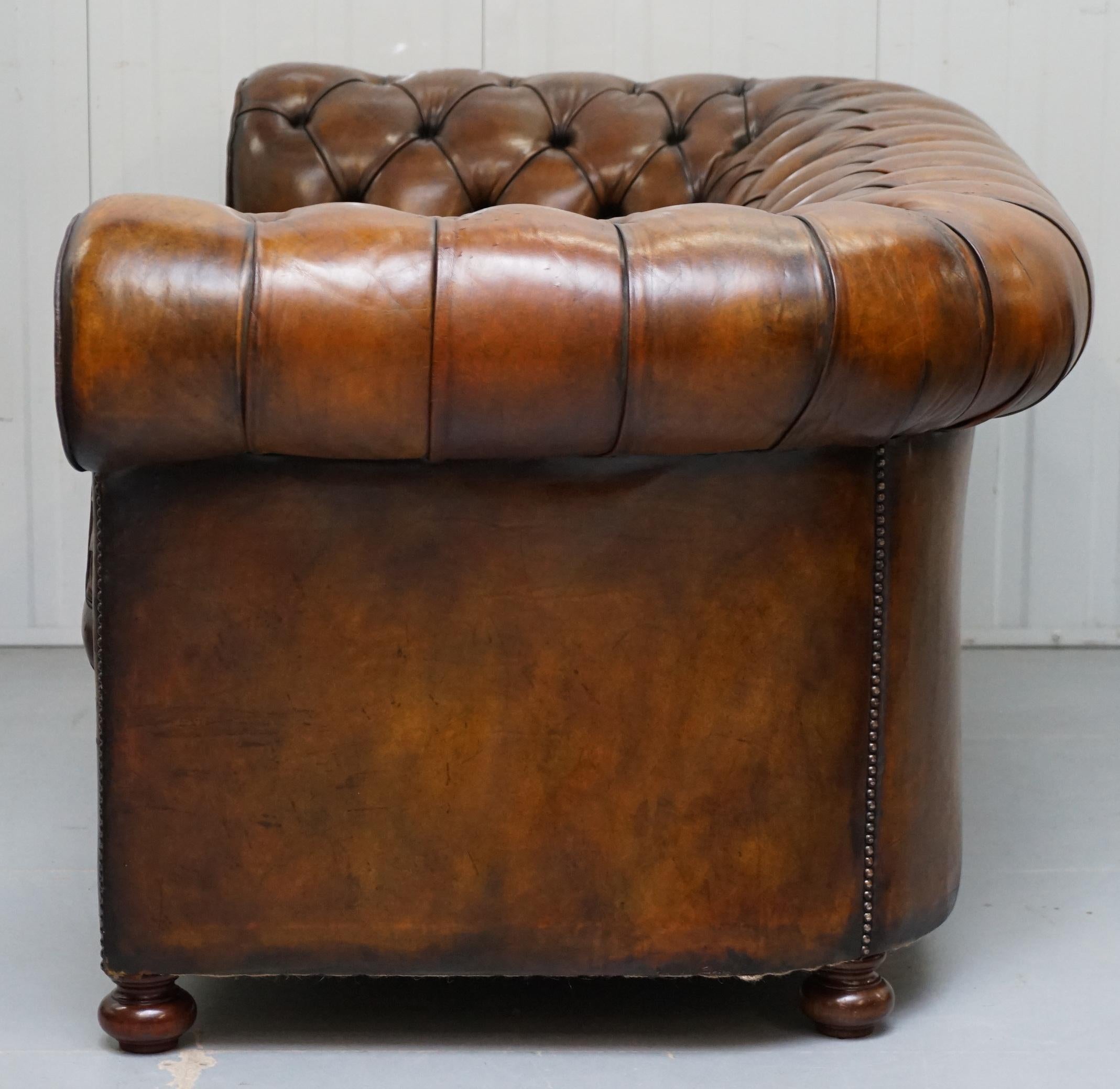 Restored 1900s Chesterfield Buttoned Hand Dyed Brown Leather Sofa Horse Hair 9