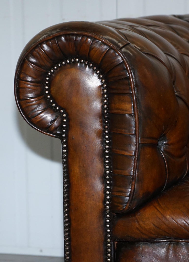 Restored 1900s Chesterfield Buttoned Hand Dyed Brown Leather Sofa Horse