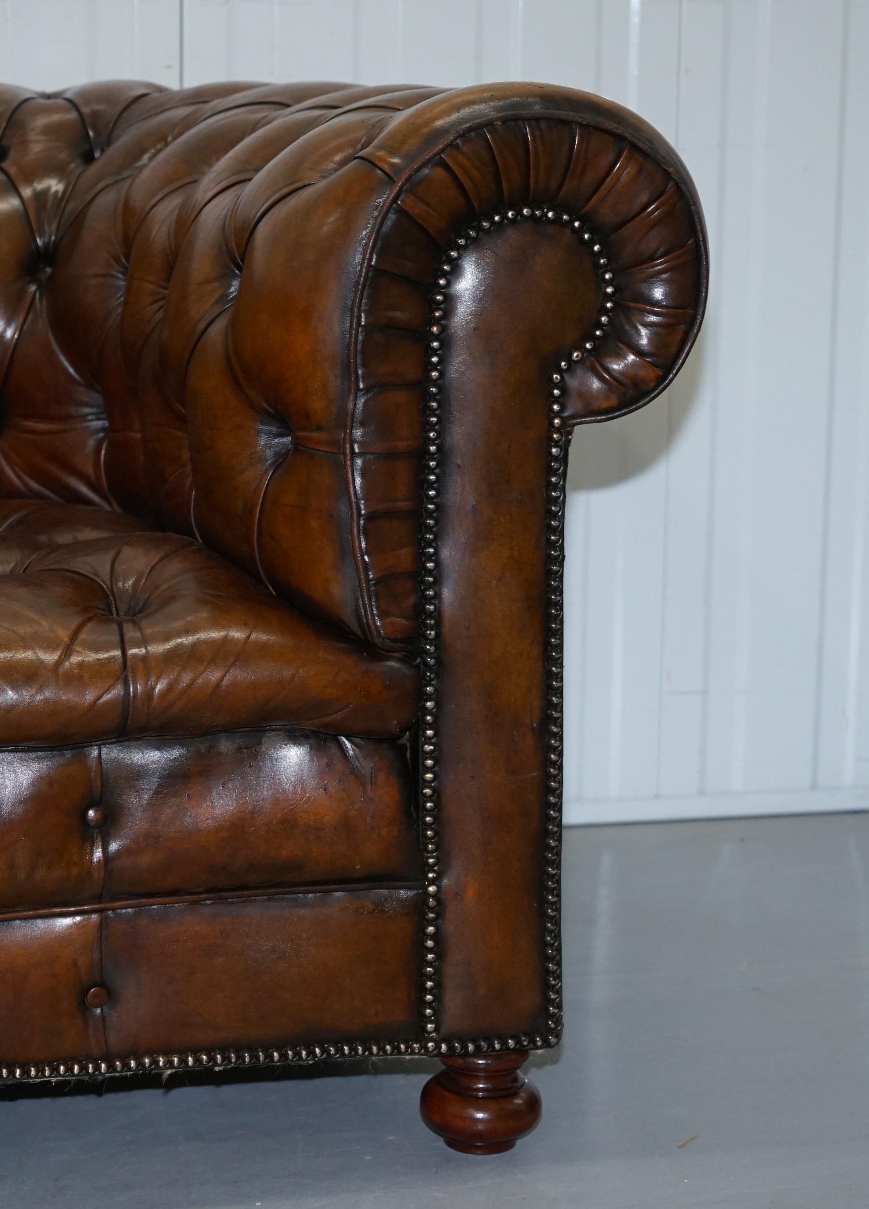 Victorian Restored 1900s Chesterfield Buttoned Hand Dyed Brown Leather Sofa Horse Hair