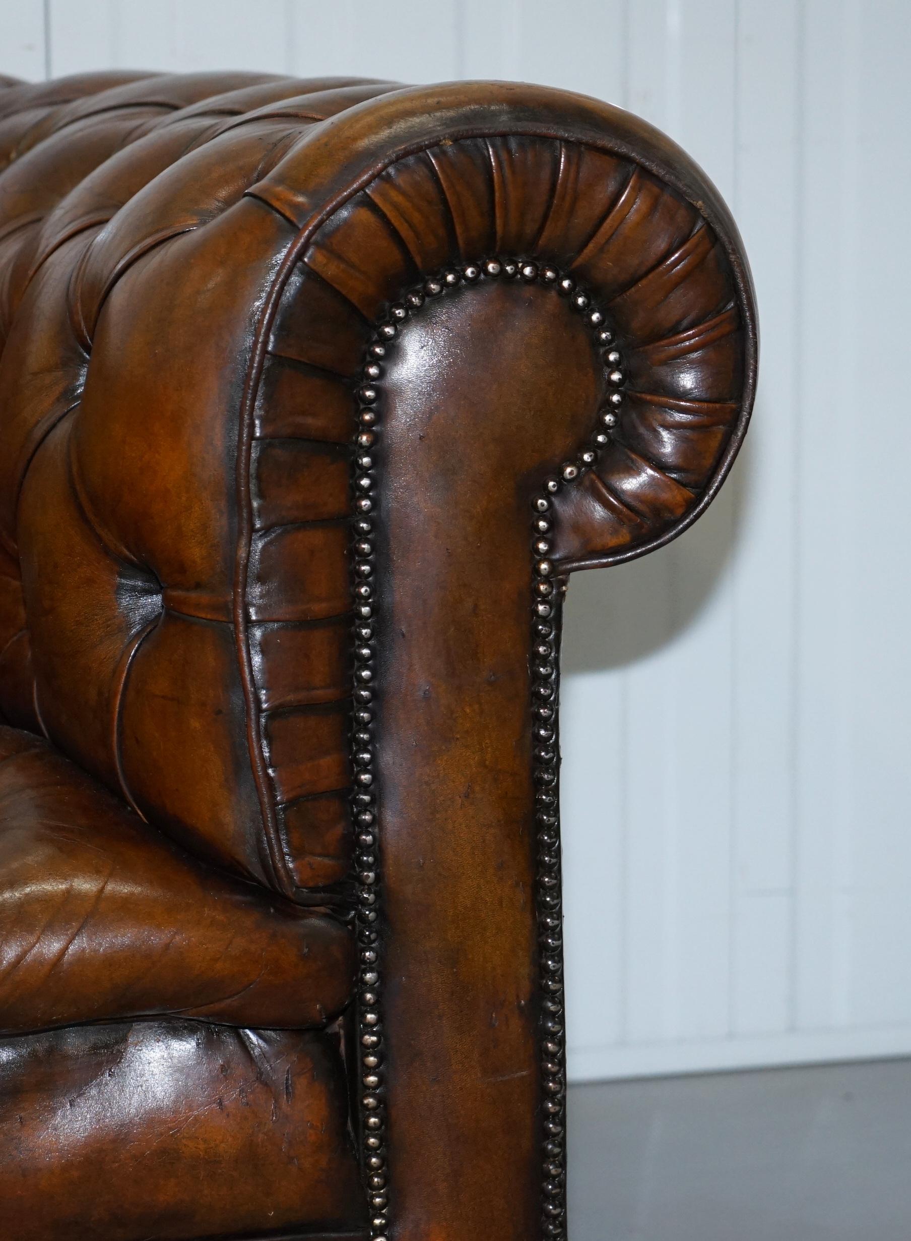 English Restored 1900s Chesterfield Buttoned Hand Dyed Brown Leather Sofa Horse Hair