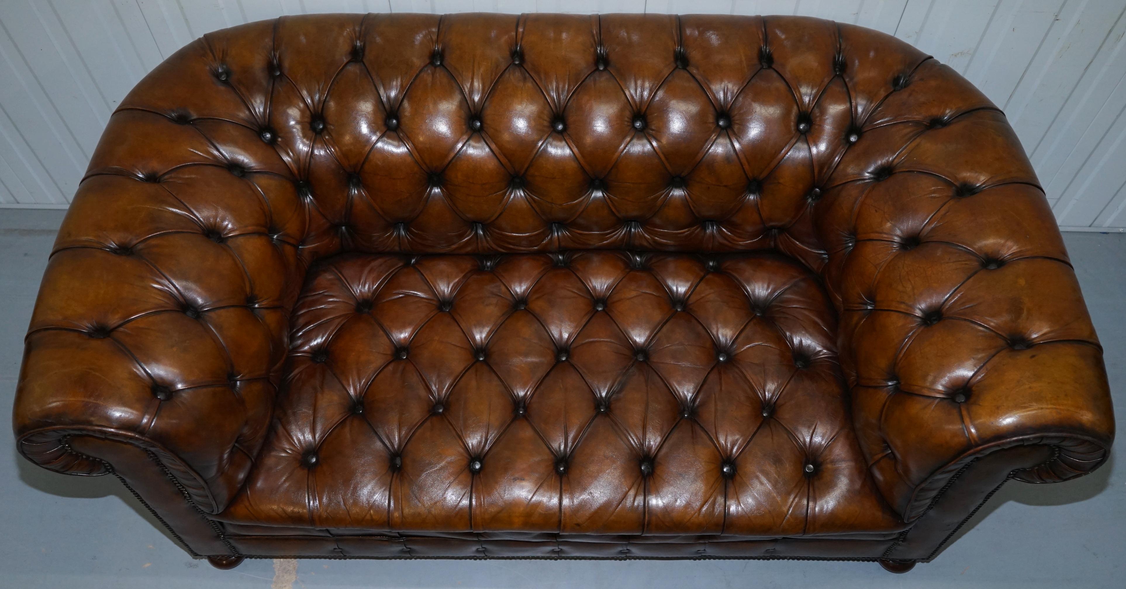 Early 20th Century Restored 1900s Chesterfield Buttoned Hand Dyed Brown Leather Sofa Horse Hair