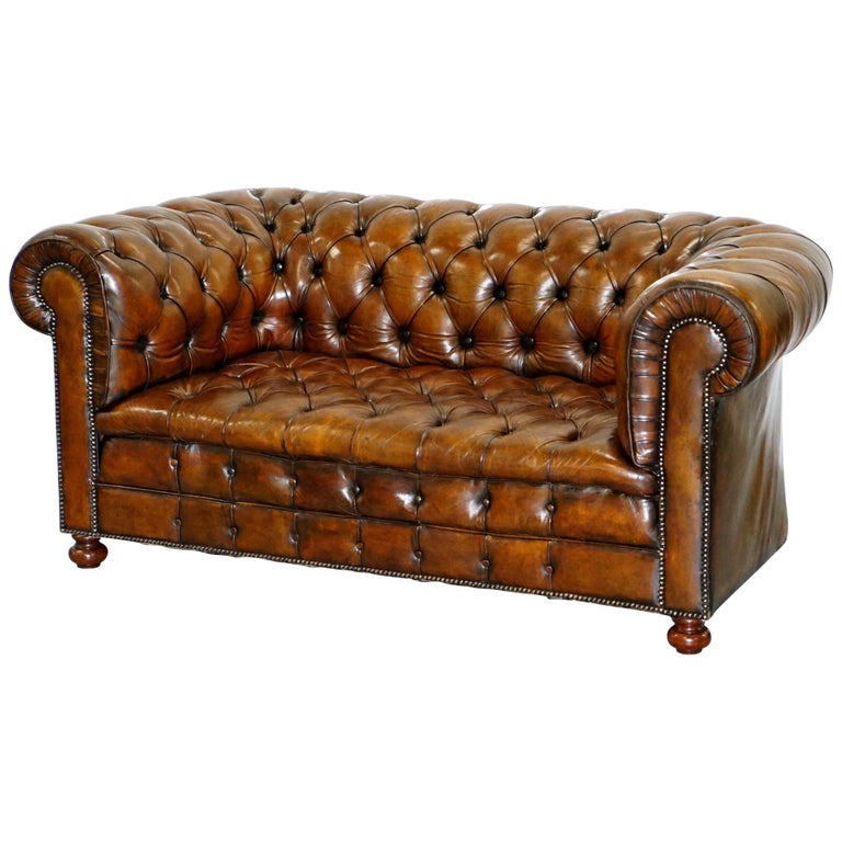 Restored 1900s Chesterfield Buttoned Hand Dyed Brown Leather Sofa Horse