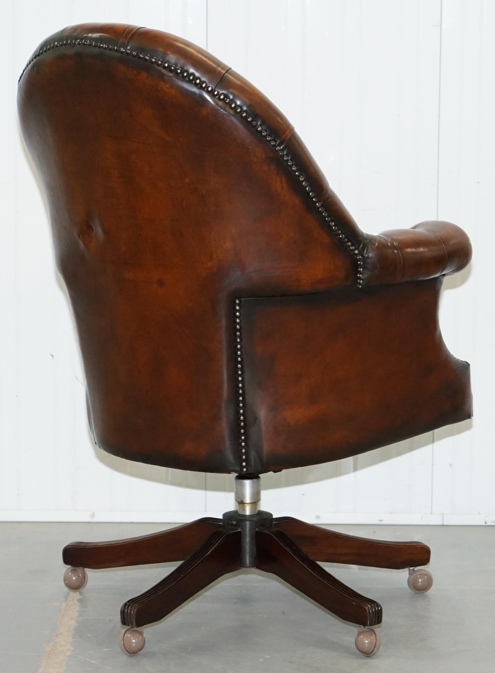Restored 1930s Chesterfield Barrel Back Brown Leather Directors Captains Chair 7