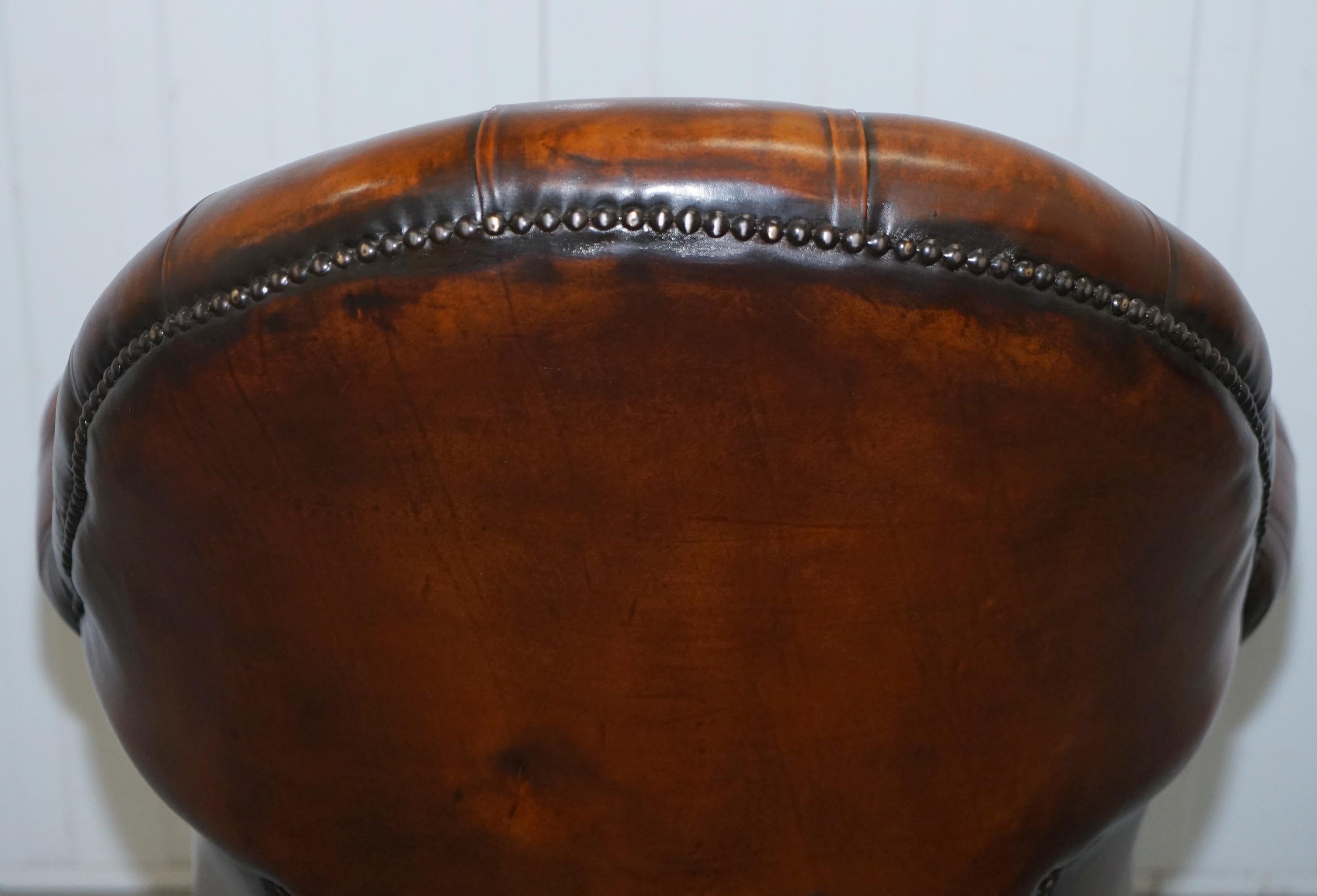 Restored 1930s Chesterfield Barrel Back Brown Leather Directors Captains Chair 8