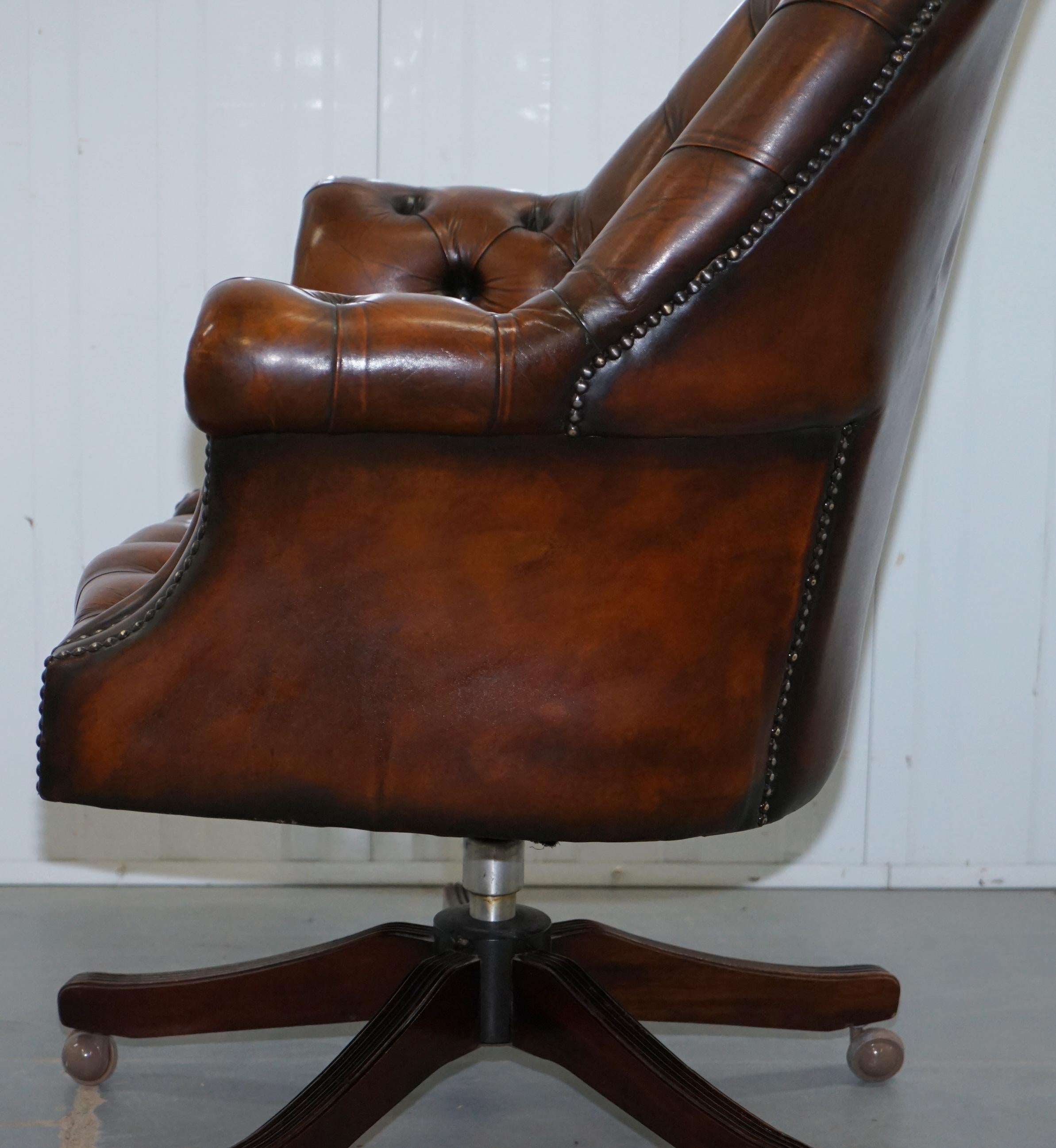 Restored 1930s Chesterfield Barrel Back Brown Leather Directors Captains Chair 11