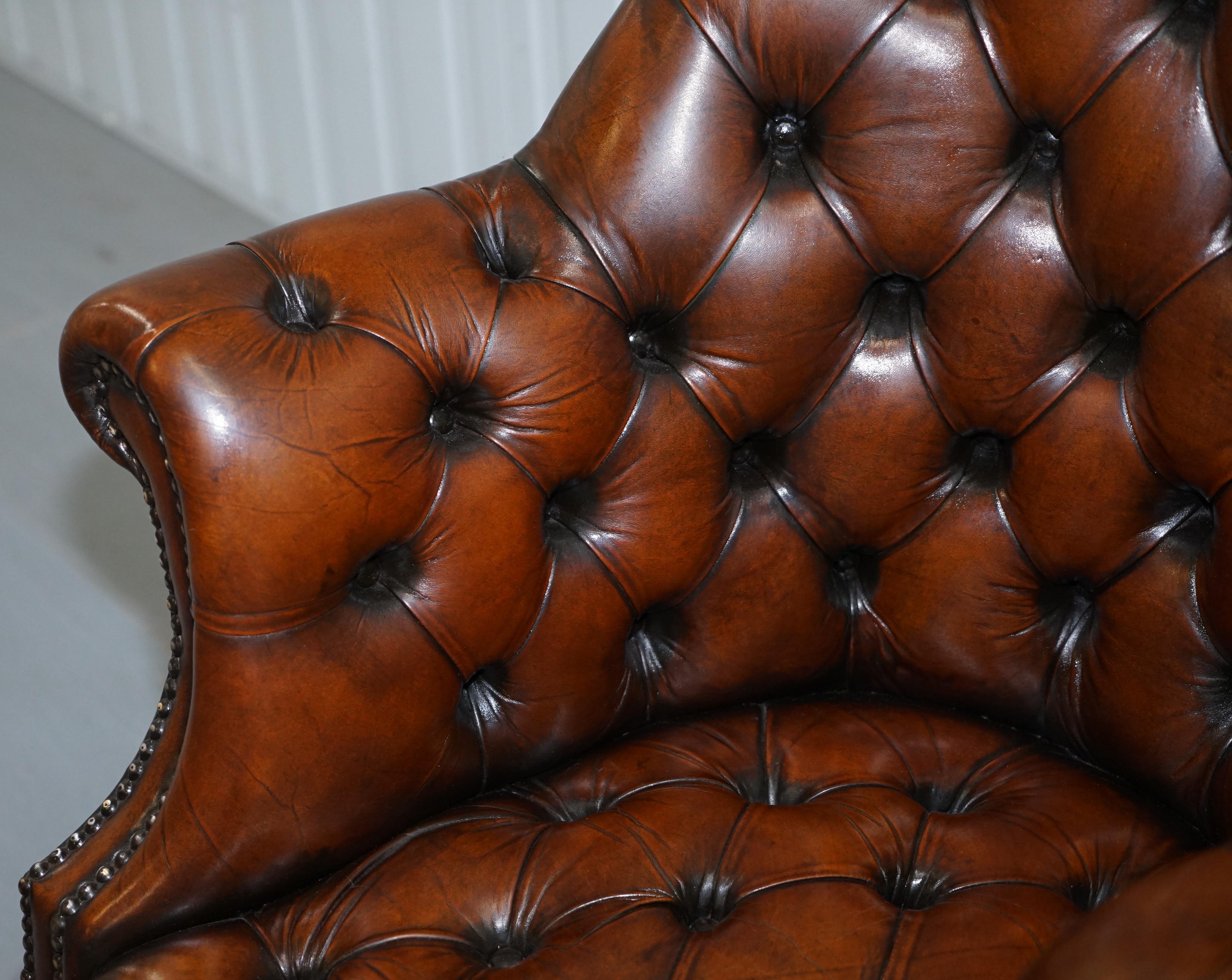 English Restored 1930s Chesterfield Barrel Back Brown Leather Directors Captains Chair