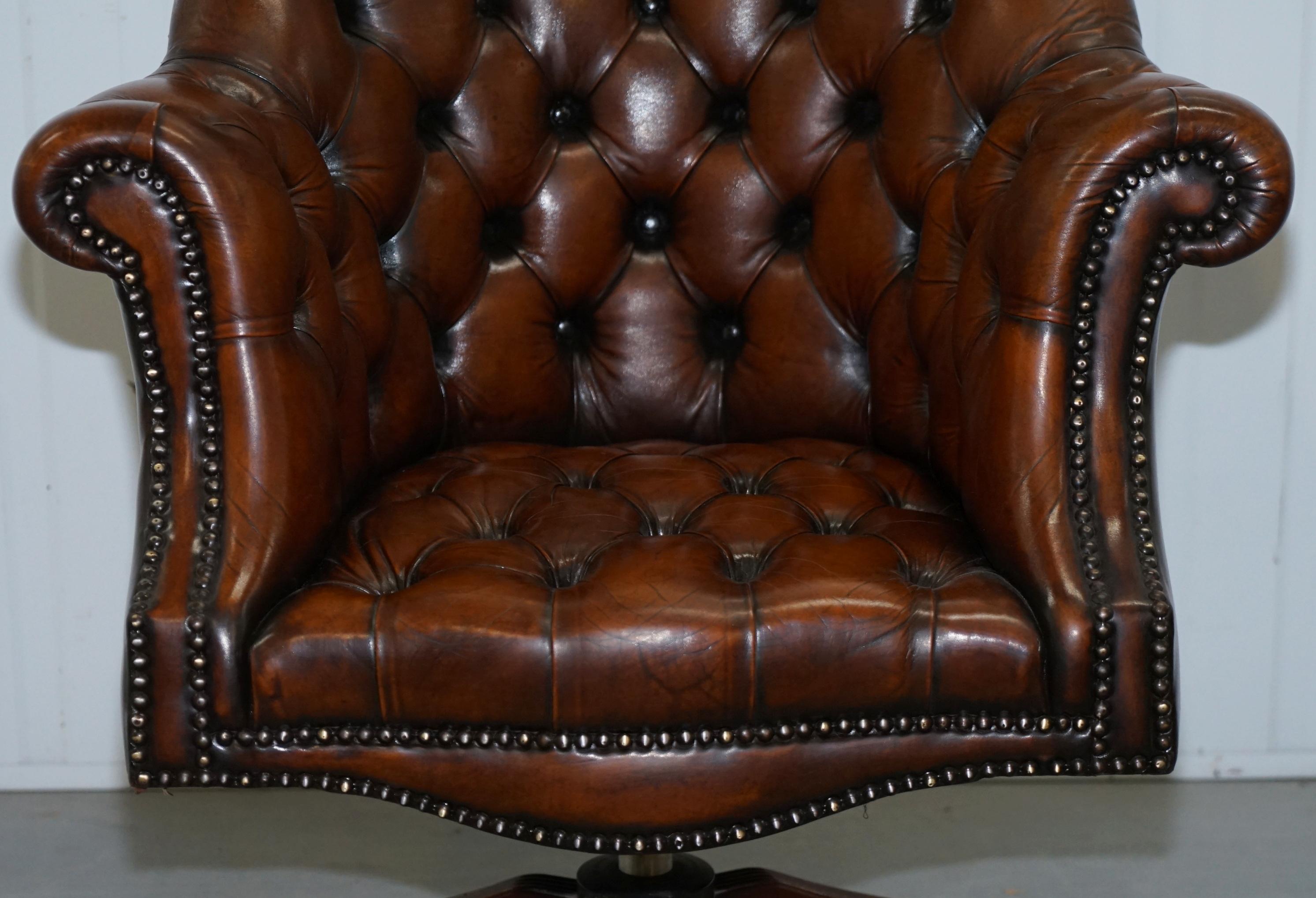 Restored 1930s Chesterfield Barrel Back Brown Leather Directors Captains Chair 1