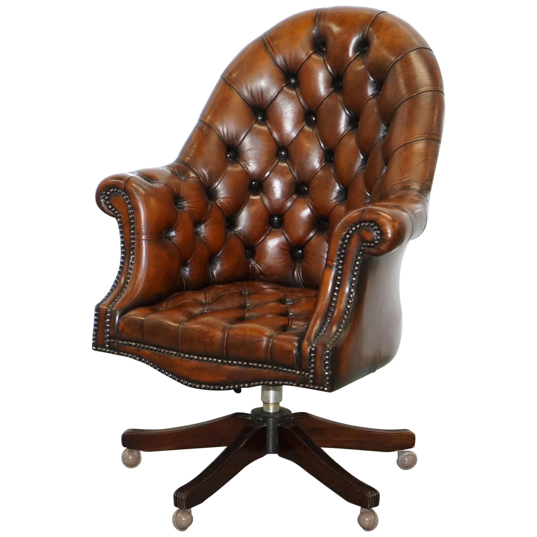 Restored 1930s Chesterfield Barrel Back Brown Leather Directors Captains Chair