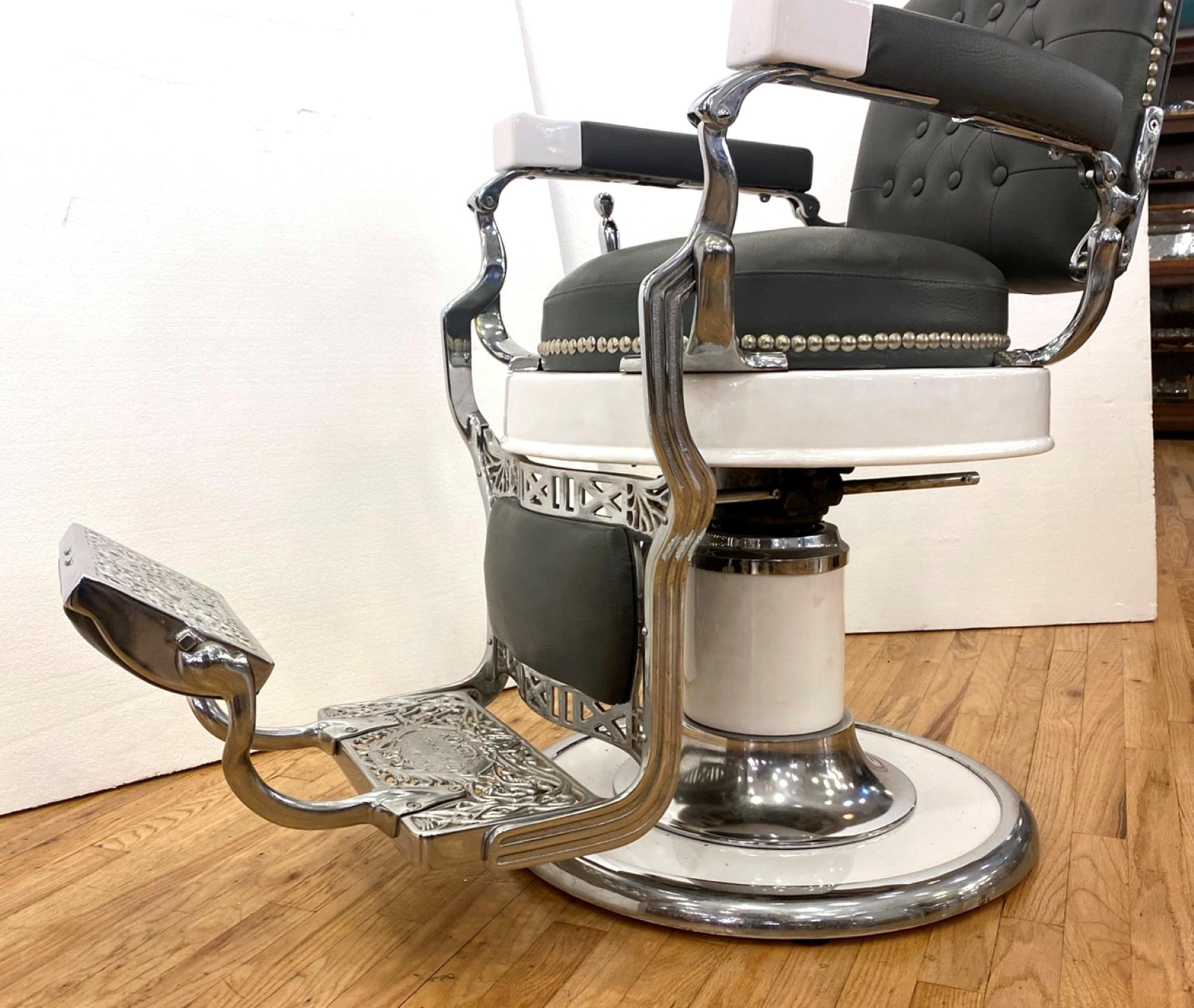 Brass Restored 1930s Koken Barber Chair Gray & White Finish w/ Razor Sharpening Strip