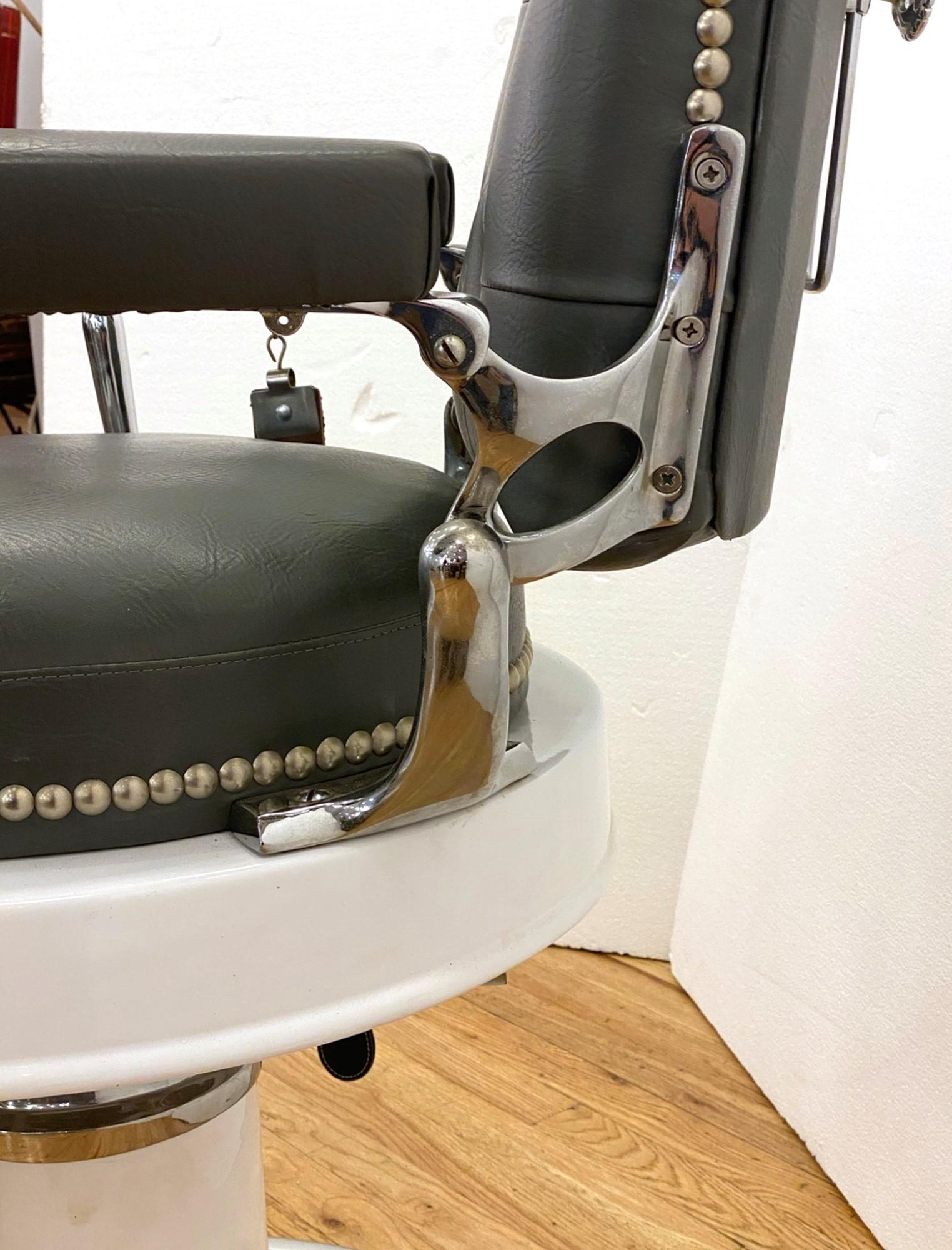 Restored 1930s Koken Barber Chair Gray & White Finish w/ Razor Sharpening Strip 1