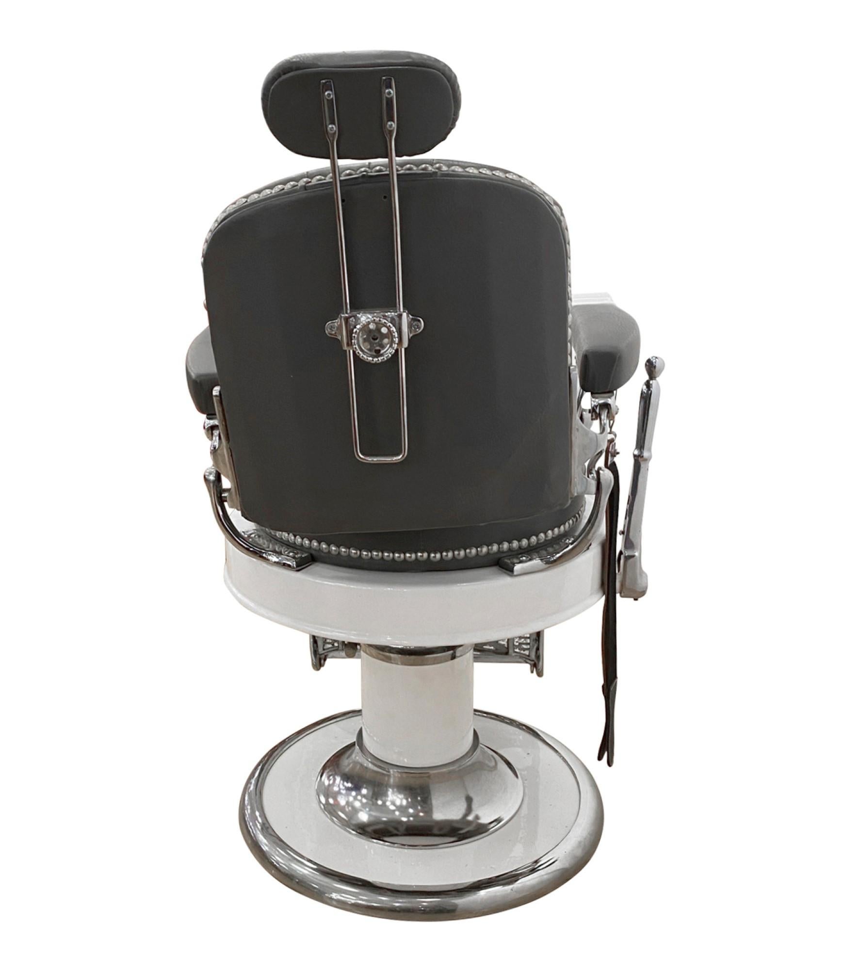 Restored 1930s Koken Barber Chair Gray & White Finish w/ Razor Sharpening Strip 5