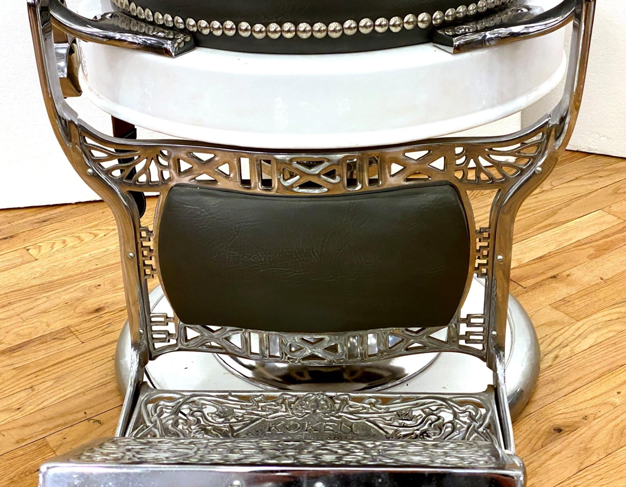 Industrial Restored 1930s Koken Barber Chair Gray & White Finish w/ Razor Sharpening Strip
