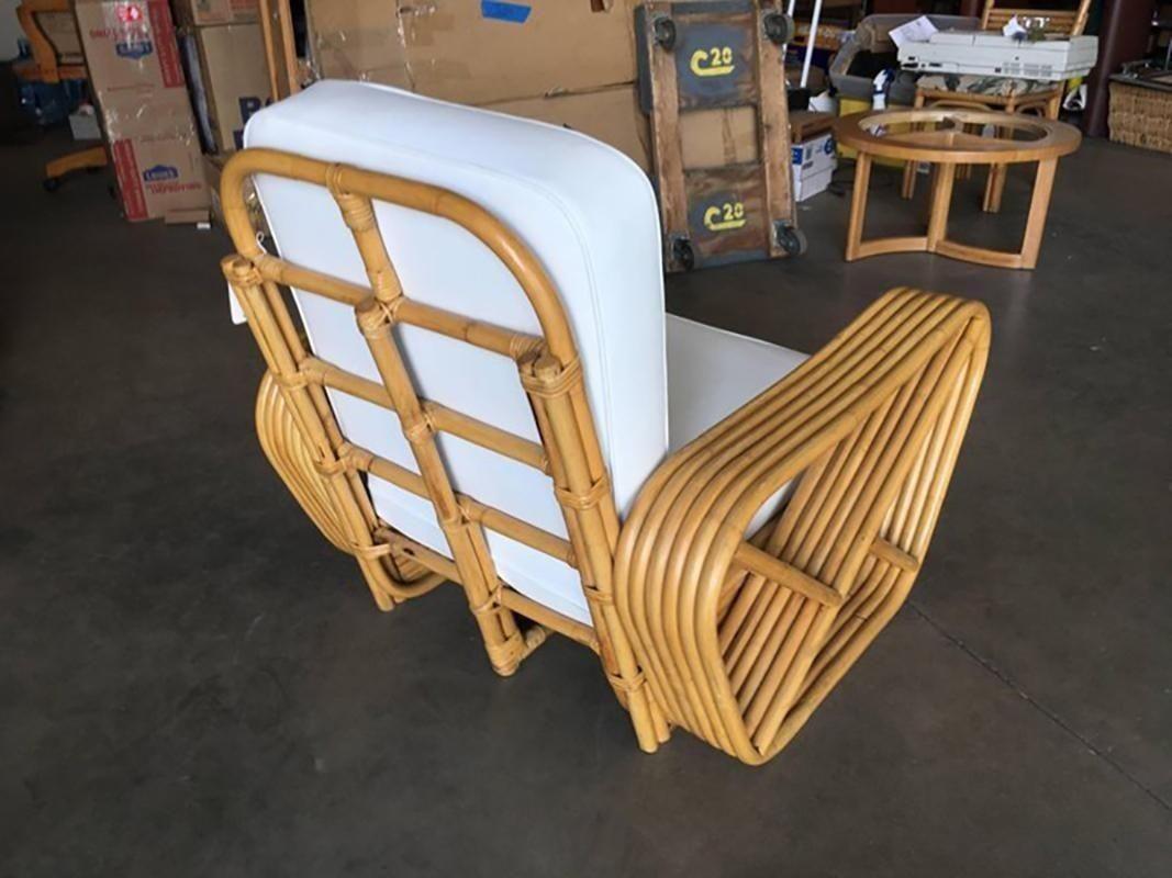 American Restored 1930s Six Strand Square Pretzel Stacked Rattan Armchair, Pair