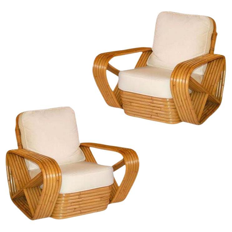 Restored 1930s Six Strand Square Pretzel Stacked Rattan Armchair, Pair