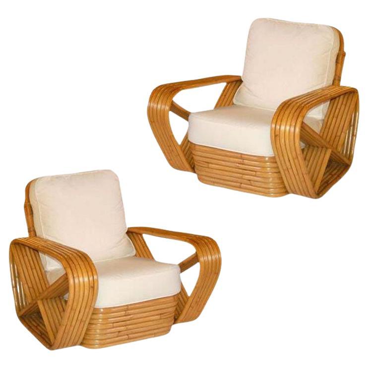 Restored 1930s Six Strand Square Pretzel Stacked Rattan Lounge Chair, Pair For Sale