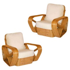 Restored 1930s Six Strand Square Pretzel Stacked Rattan Lounge Chair, Pair