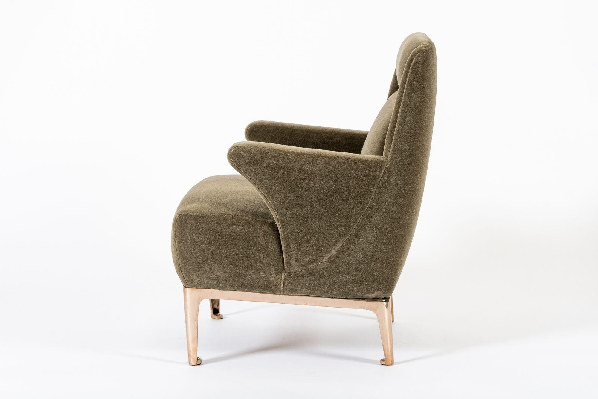 Restored 1940s Art Deco Lounge Chair Mink Mohair, Matching Sofa Available In Good Condition For Sale In Detroit, MI