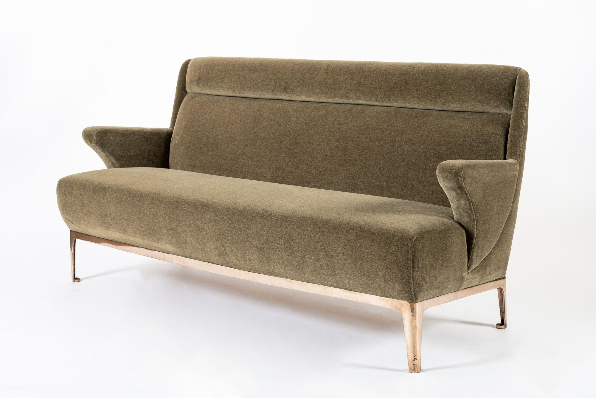 Art Déco Restored 1940s Art Deco Sofa Mink Mohair, Matching Chair Available in vendita