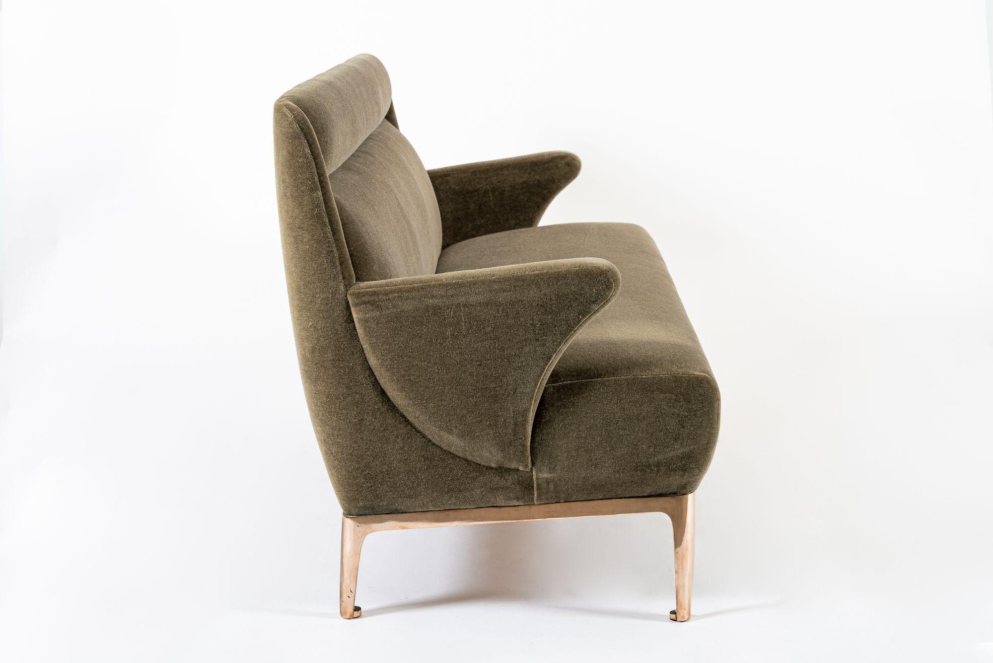 Ottone Restored 1940s Art Deco Sofa Mink Mohair, Matching Chair Available in vendita