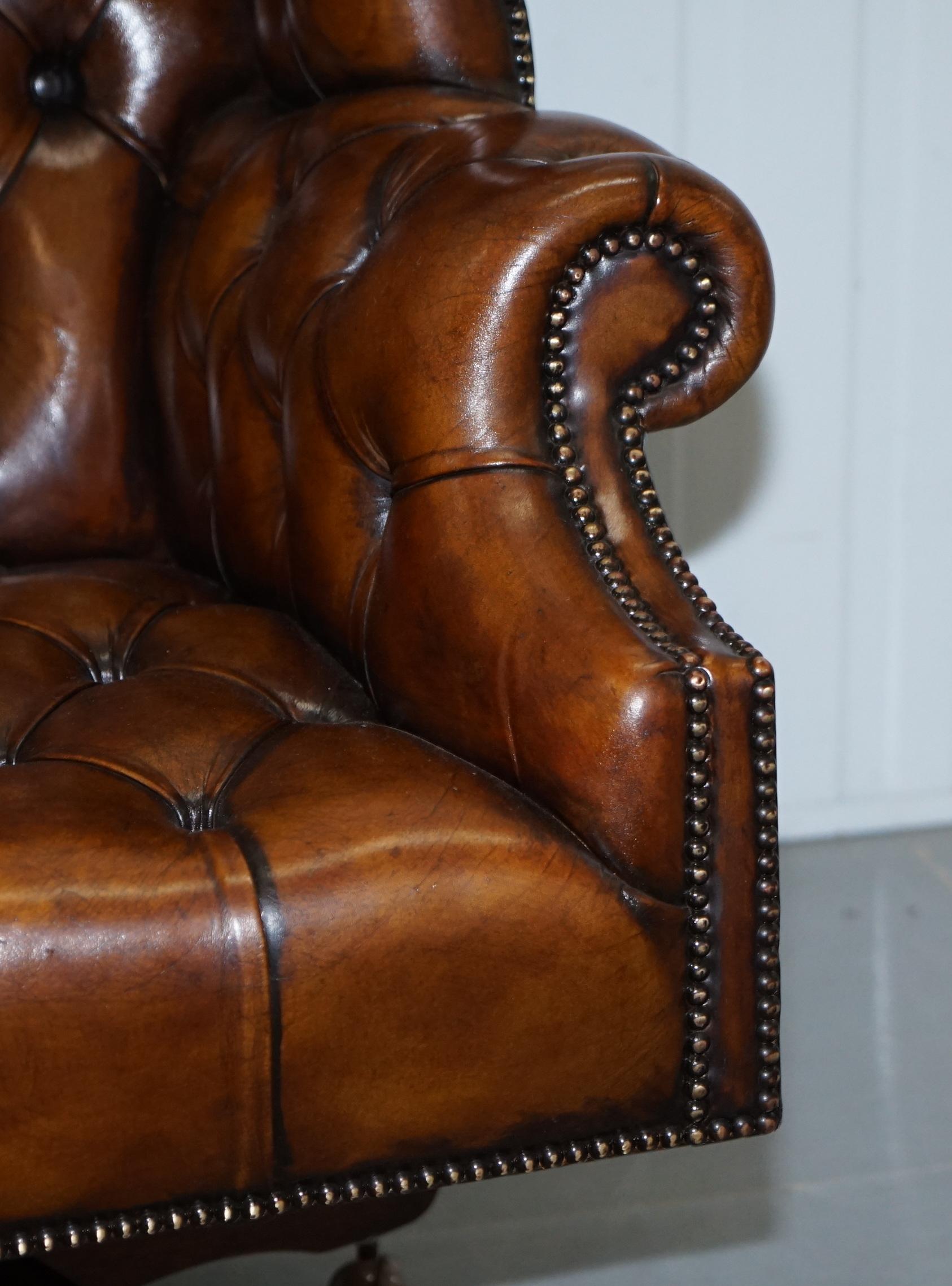 Restored 1940s Chesterfield Wing Back Brown Leather Directors Captains Chair 3