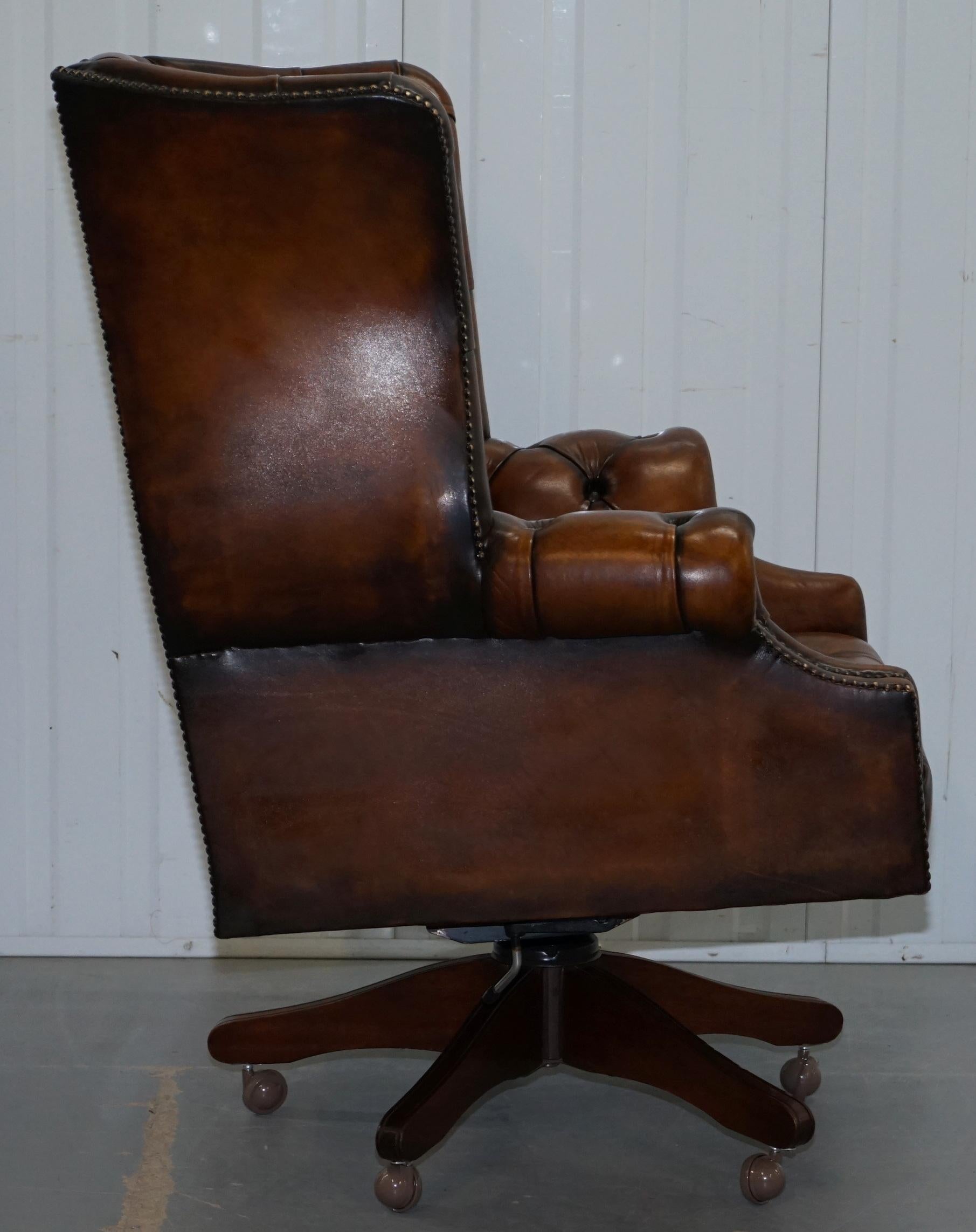 Restored 1940s Chesterfield Wing Back Brown Leather Directors Captains Chair 4