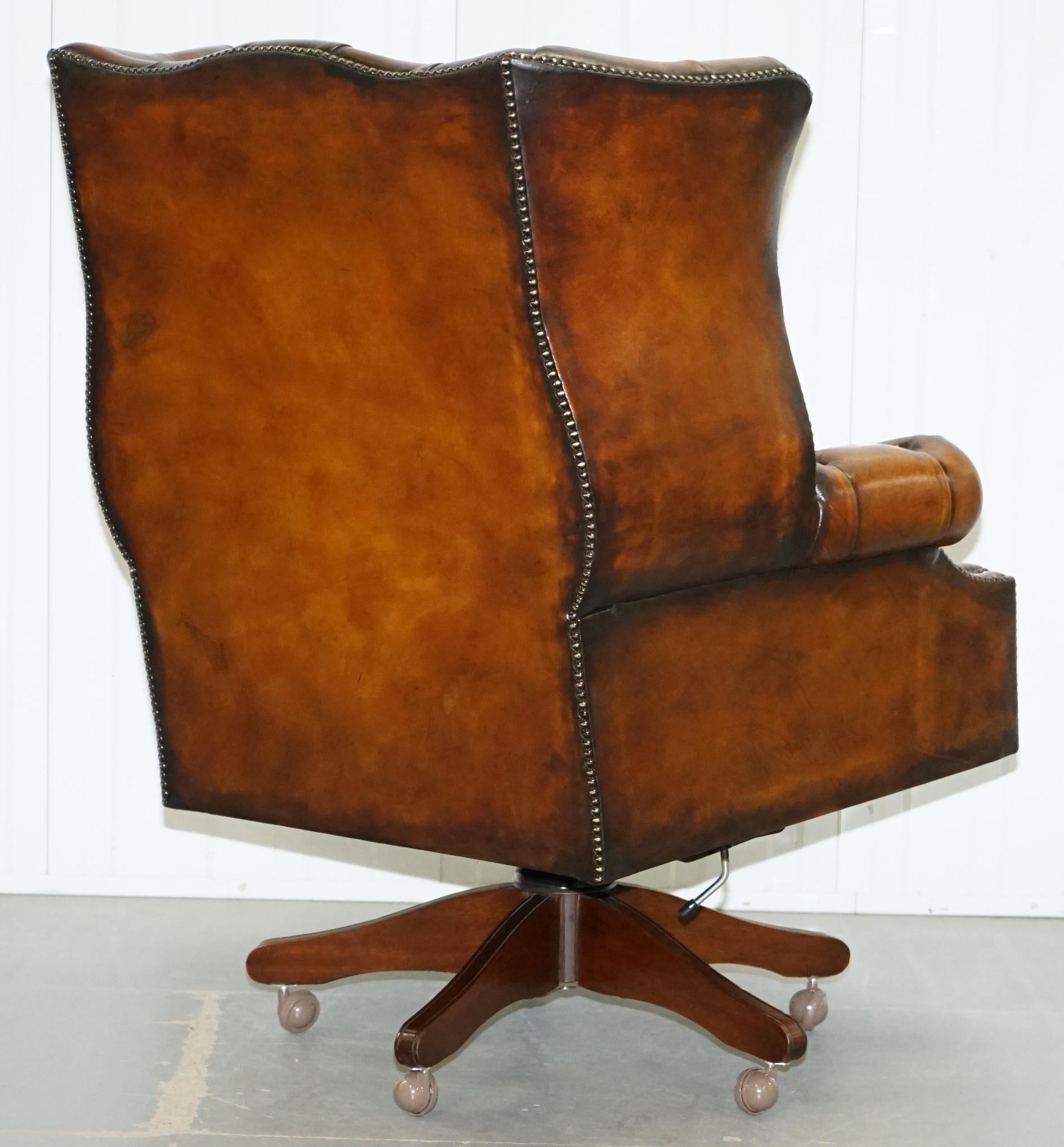 Restored 1940s Chesterfield Wing Back Brown Leather Directors Captains Chair 5