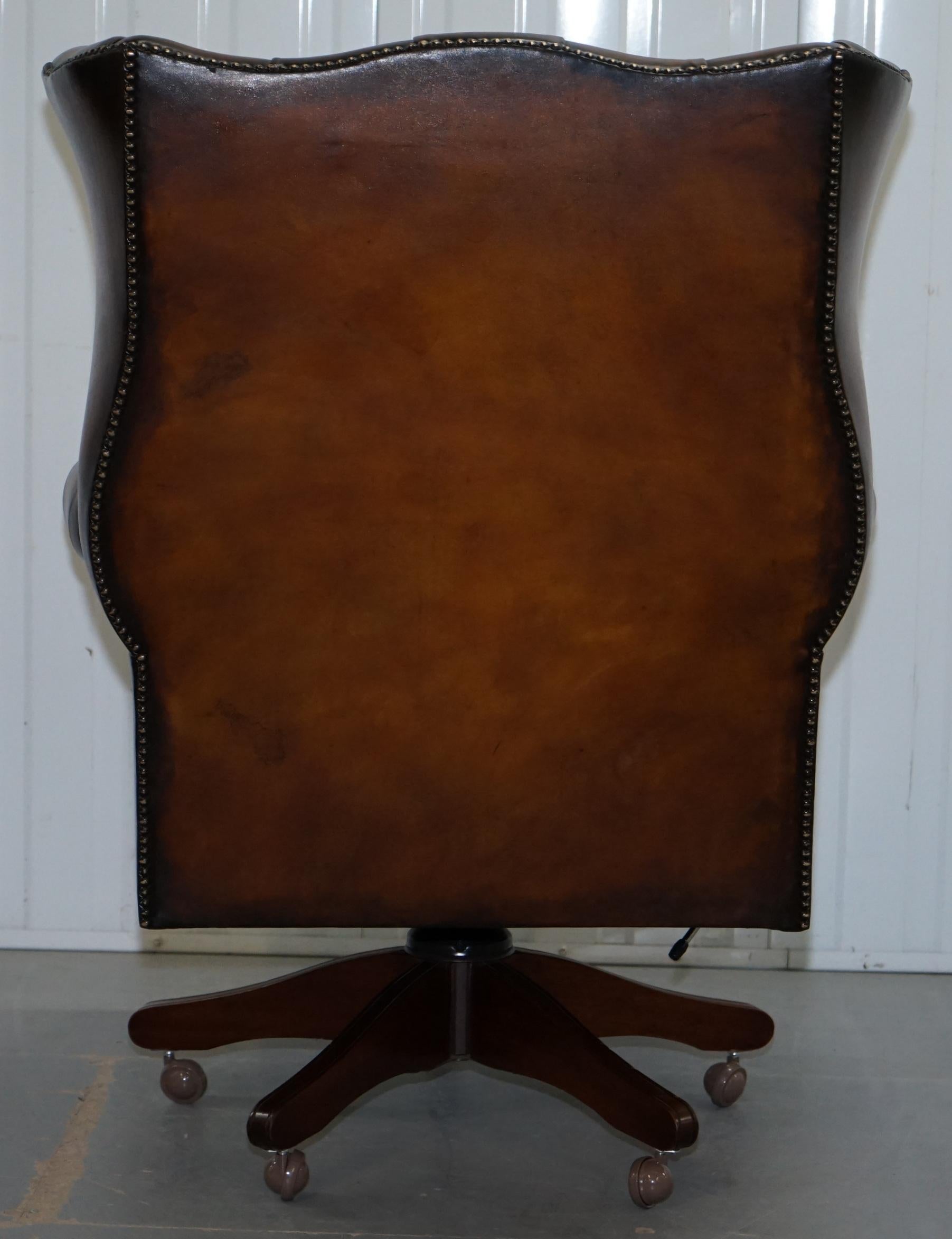 Restored 1940s Chesterfield Wing Back Brown Leather Directors Captains Chair 6