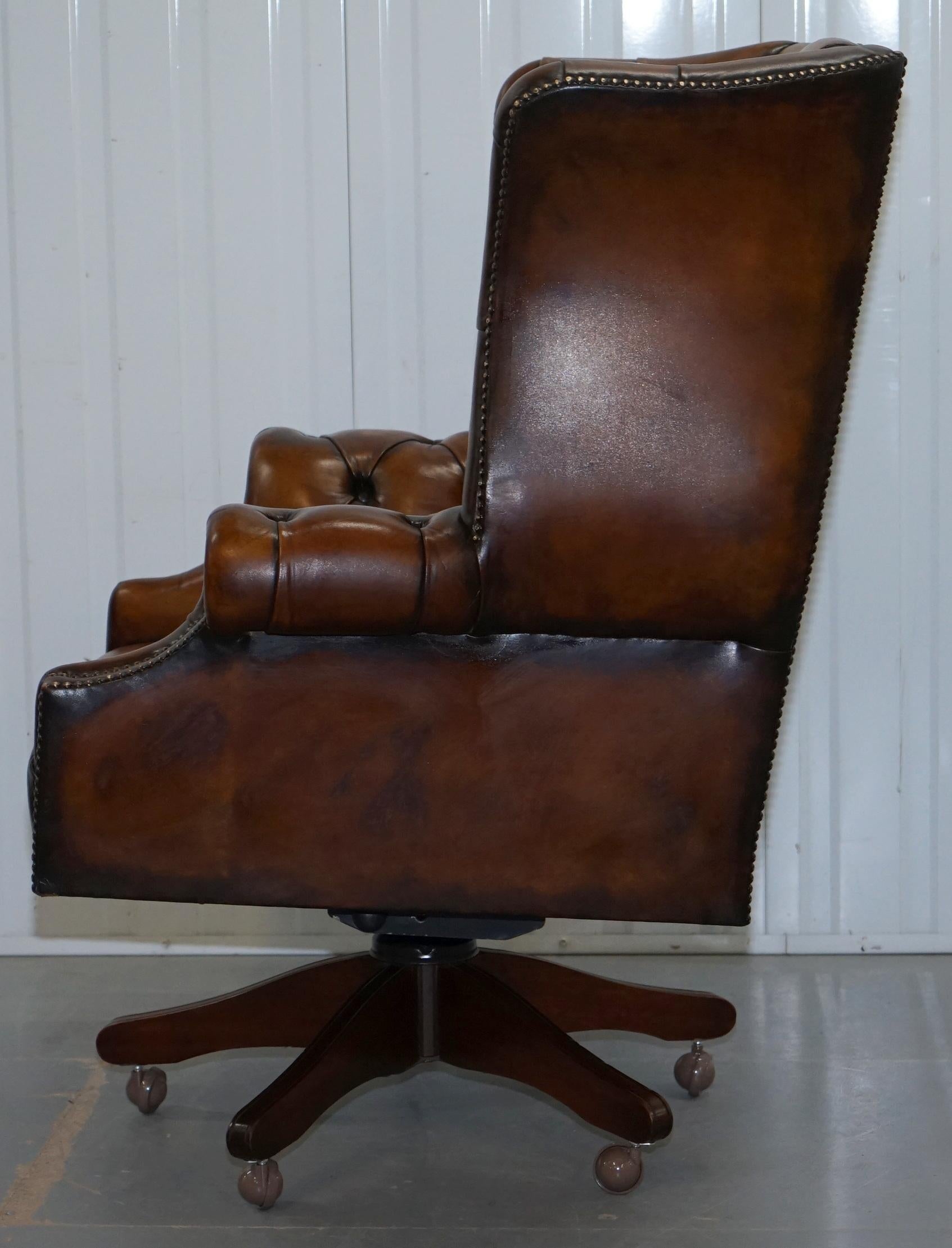 Restored 1940s Chesterfield Wing Back Brown Leather Directors Captains Chair 8