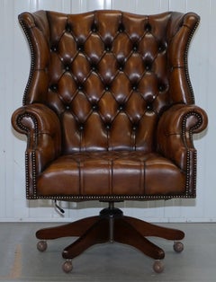 Restored 1940s Chesterfield Wing Back Brown Leather Directors Captains Chair