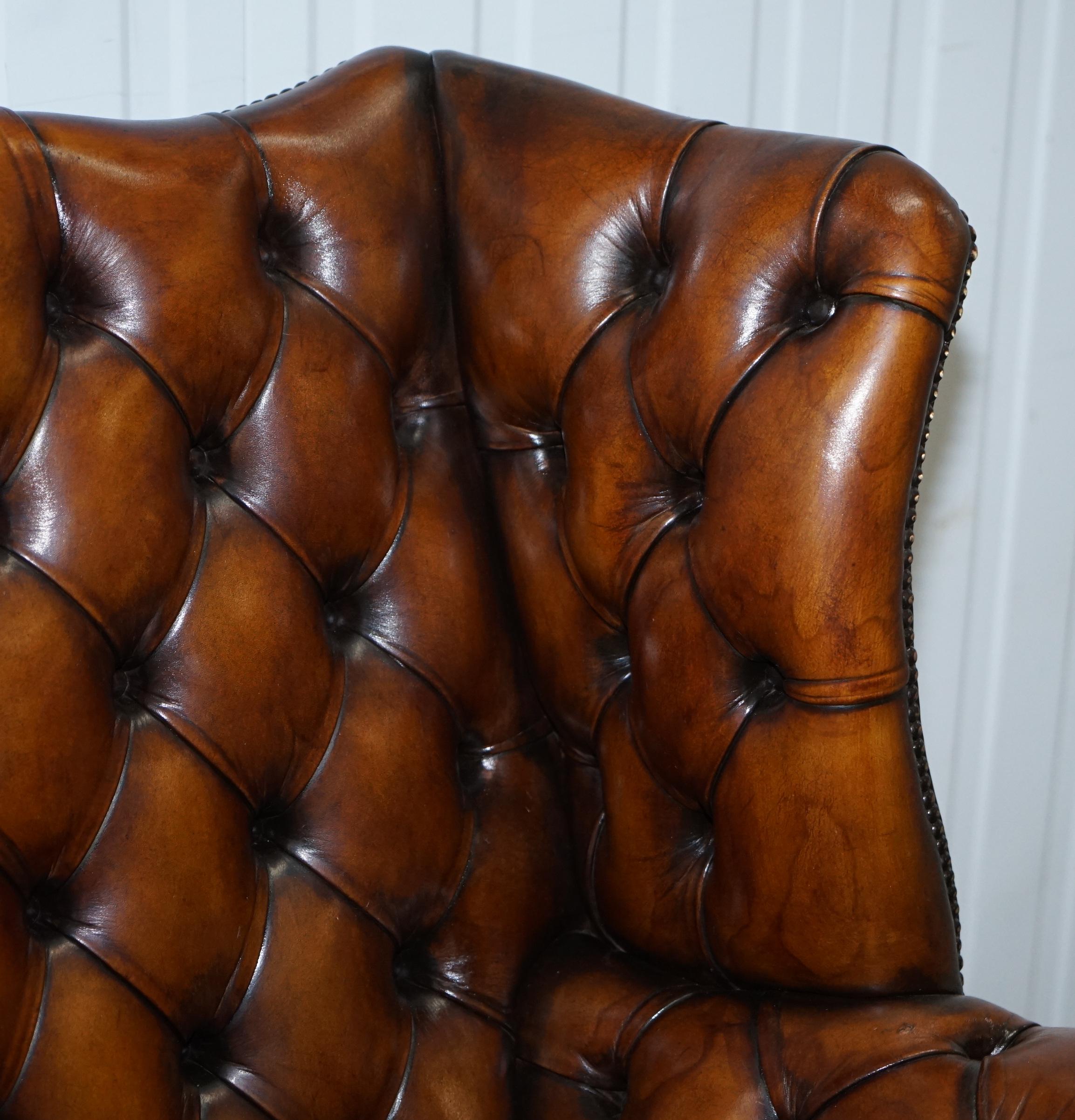 English Restored 1940s Chesterfield Wing Back Brown Leather Directors Captains Chair