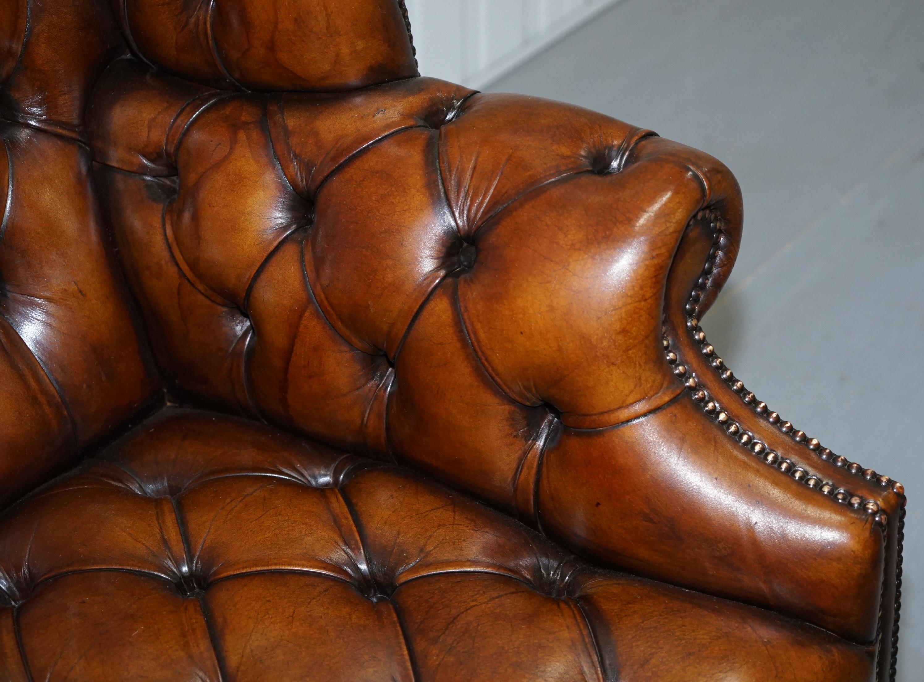 Mid-20th Century Restored 1940s Chesterfield Wing Back Brown Leather Directors Captains Chair