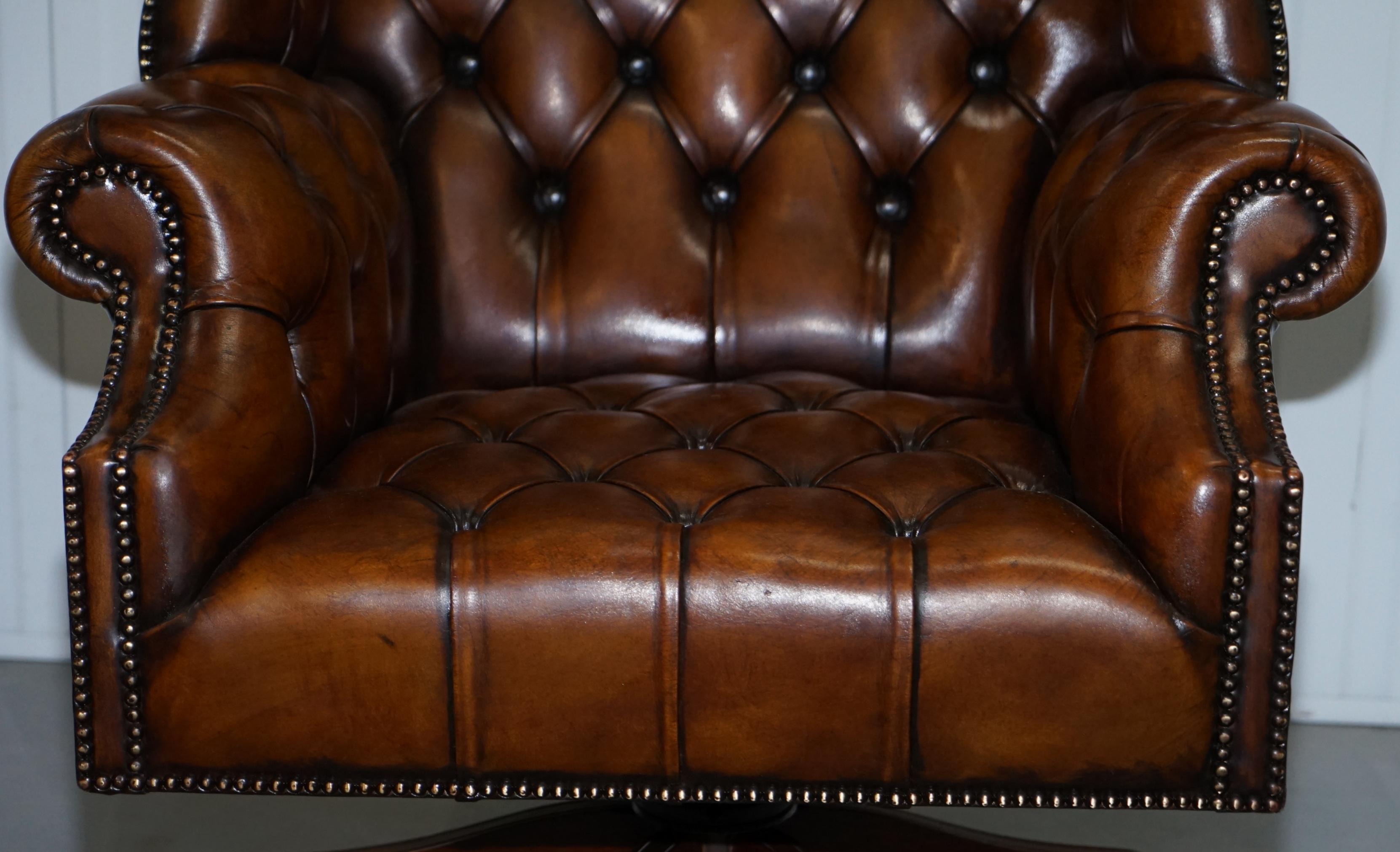 Restored 1940s Chesterfield Wing Back Brown Leather Directors Captains Chair 1