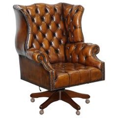 Restored 1940s Chesterfield Wing Back Brown Leather Directors Captains Chair