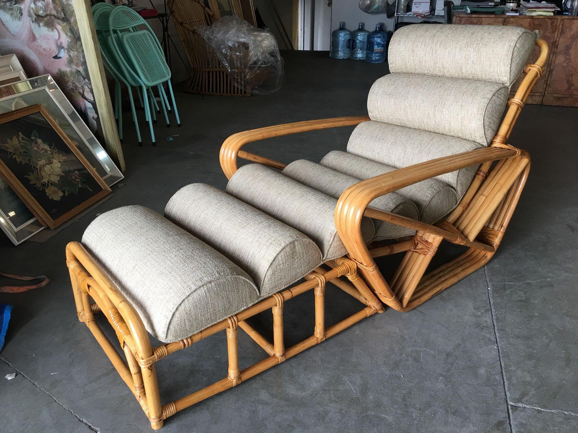 Mid-Century Modern Restored 1940s Rattan 2 Piece Square Pretzel 4-Strand Chaise Lounge For Sale