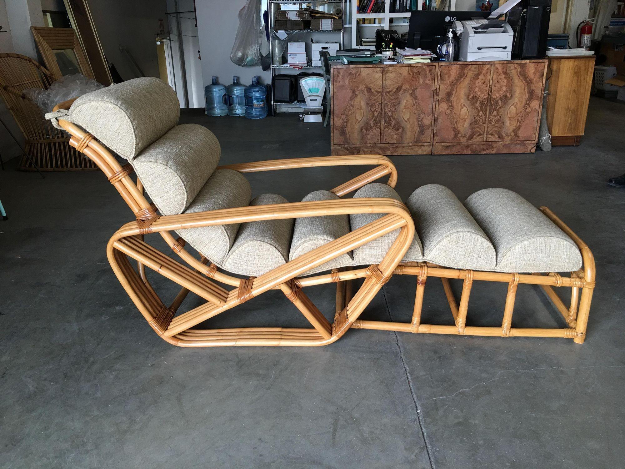 American Restored 1940s Rattan 2 Piece Square Pretzel 4-Strand Chaise Lounge For Sale