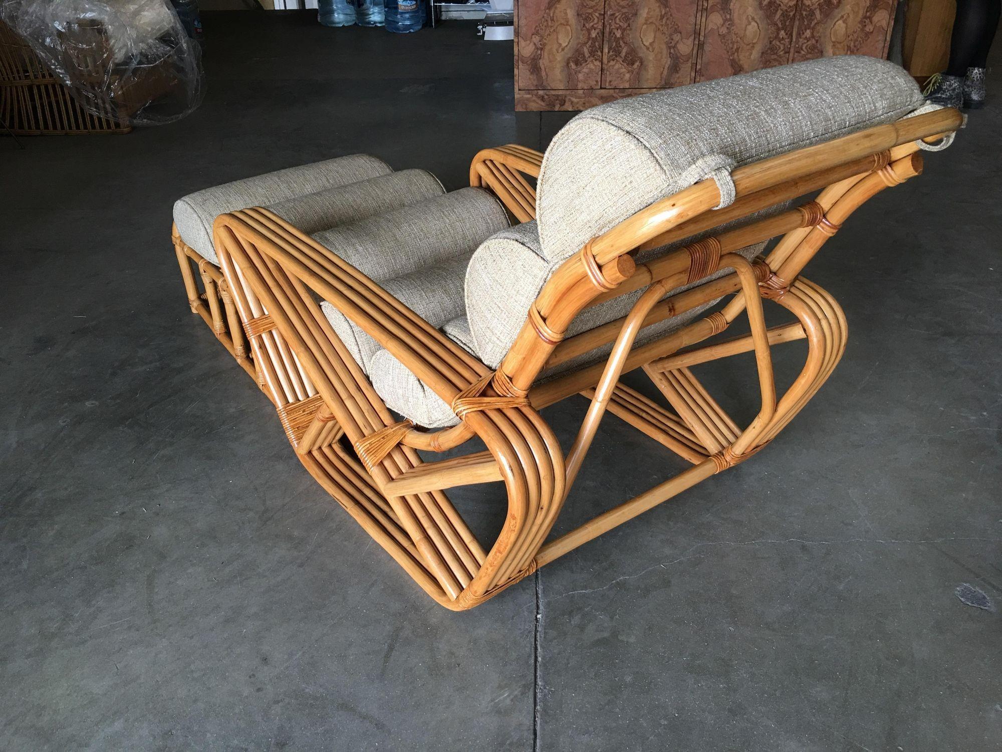 Restored 1940s Rattan 2 Piece Square Pretzel 4-Strand Chaise Lounge In Excellent Condition For Sale In Van Nuys, CA