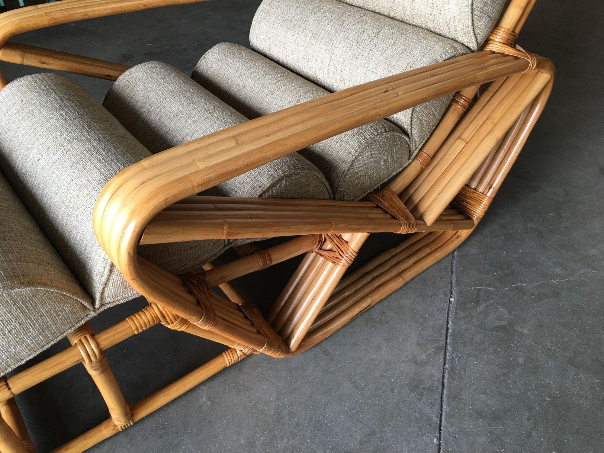 Mid-20th Century Restored 1940s Rattan 2 Piece Square Pretzel 4-Strand Chaise Lounge For Sale