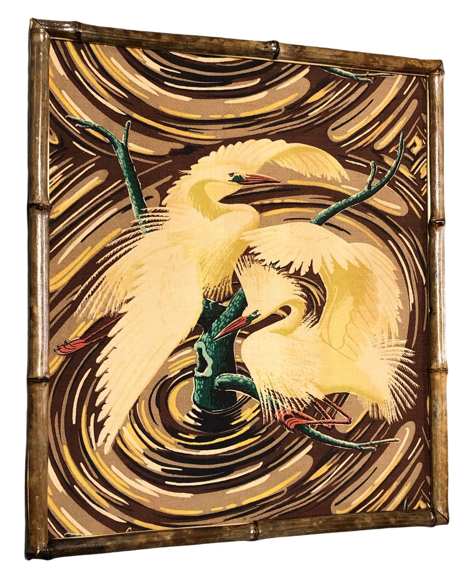 This framed crane barkcloth fabric sample, produced by the Spectrum company around 1949, served as a showcase of mid-century design aesthetics. Displayed in rattan showrooms across the globe, it epitomized the era's fascination with nature-inspired